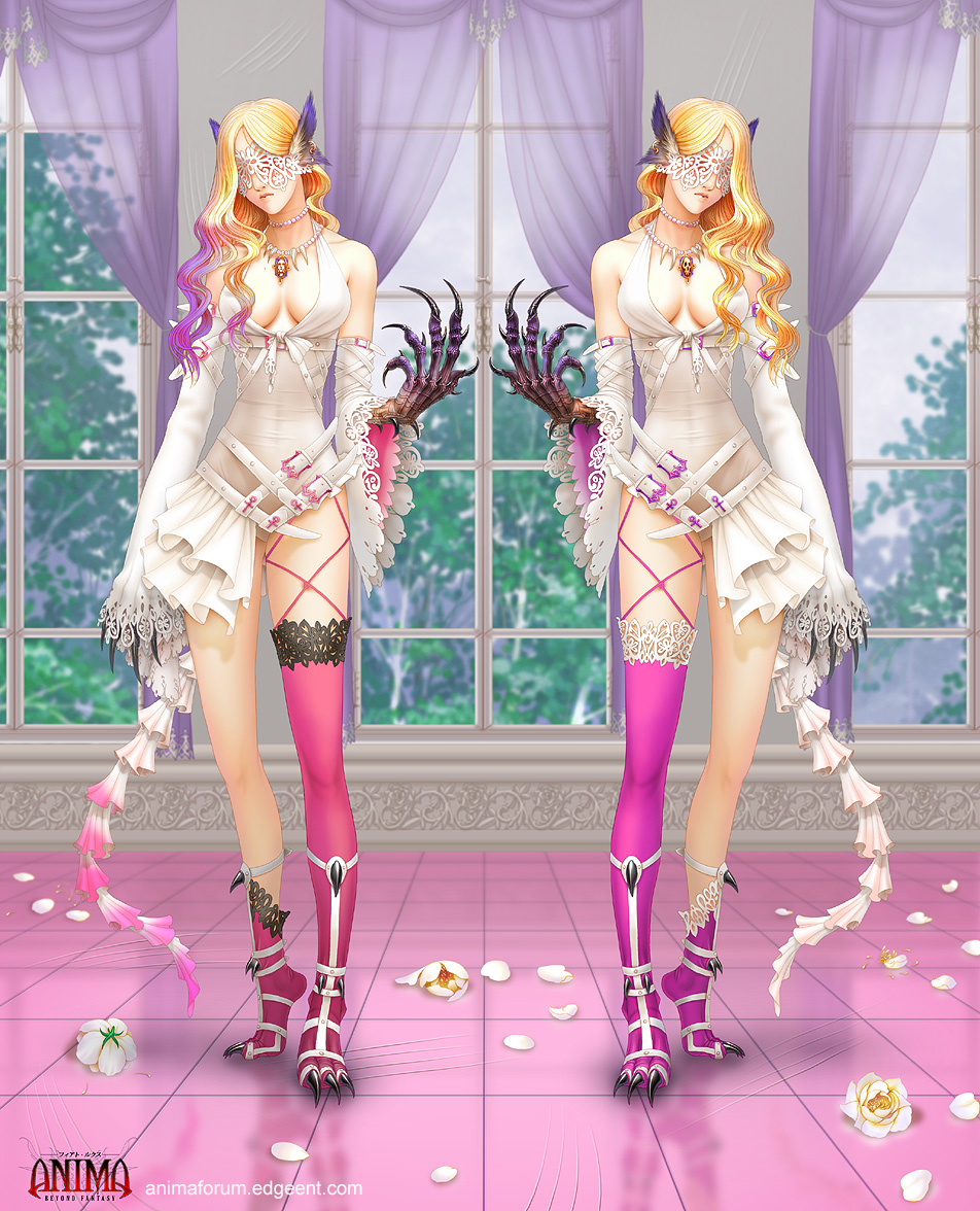 wen-m, anima, 2girls, asymmetrical clothes, blindfold, blonde hair, breasts, claws, cleavage, detached sleeves, dress, flower, jewelry, large breasts, long hair, mask, monster girl, multicolored hair, multiple girls, necklace, petals, single thighhigh, tail, thighhighs, two-tone hair