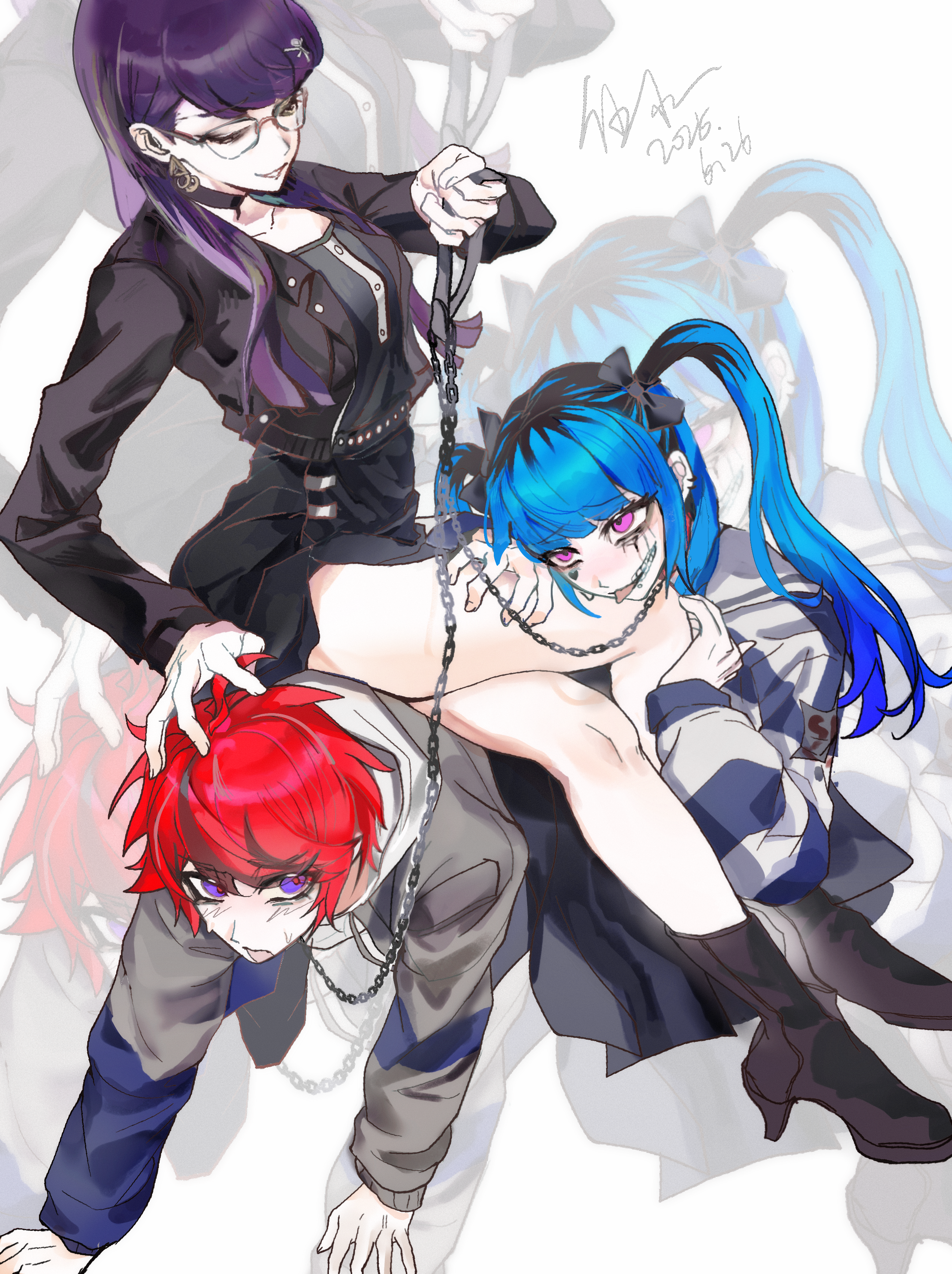 amemiya darumi, shizuhara hiruko, sumino takumi, the hundred line -last defense academy-, absurdres, commentary request, highres, 1boy, 2girls, ahoge, all fours, bisexual female, black boots, black hair, black jacket, black streaks, blue eyes, blue hair, blue jacket, blush, boots, bow, chain, chain leash, chained, choker, closed eyes, collar, dated, earrings, facial mark, glasses, grey jacket, hair bow, hands on another's leg, heart, heart facial mark, hetero, holding, holding leash, hood, hoodie, jacket, jacket over hoodie, jewelry, leash, long hair, looking at another, makeup, multicolored hair, multicolored jacket, multiple girls, nose blush, pink eyes, purple hair, red hair, roots (hair), runny makeup, shirt, short hair, signature, sitting, sitting on person, smile, streaked hair, striped clothes, striped shirt, sweatdrop, twintails, two-tone jacket, white hoodie, wushui2333, zoom layer