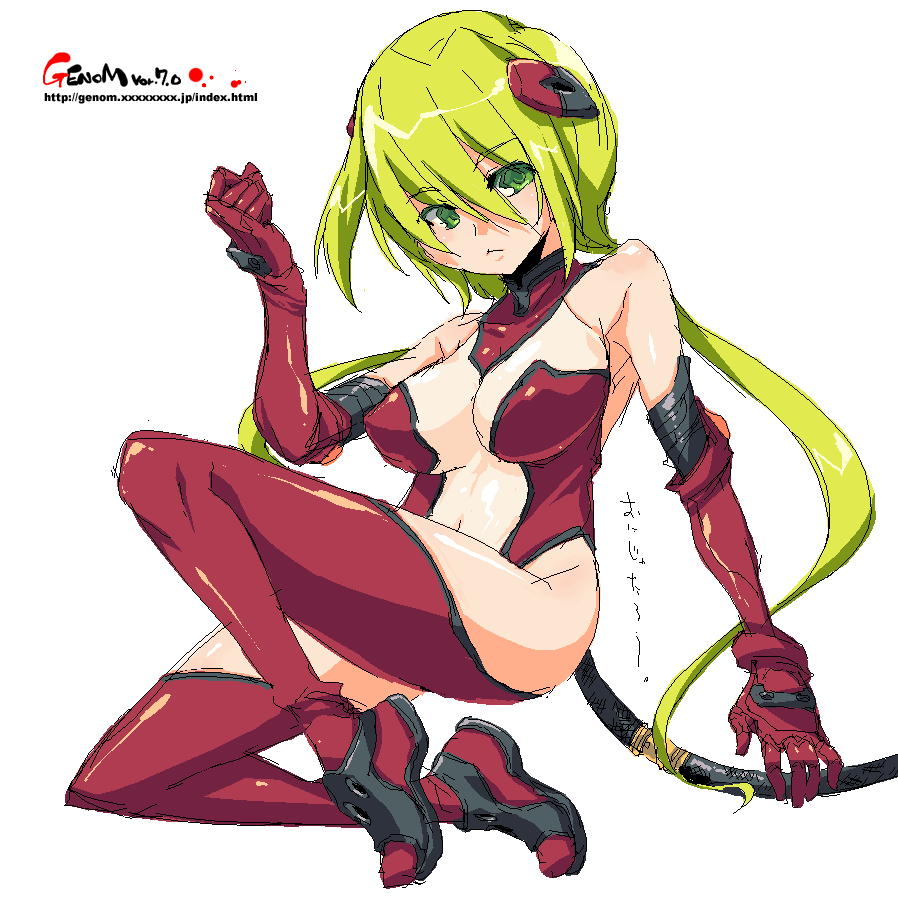 onija tarou, original, breasts, elbow gloves, gloves, green eyes, green hair, large breasts, oekaki, red thighhighs, simple background, thighhighs, twintails, watermark, web address, white background
