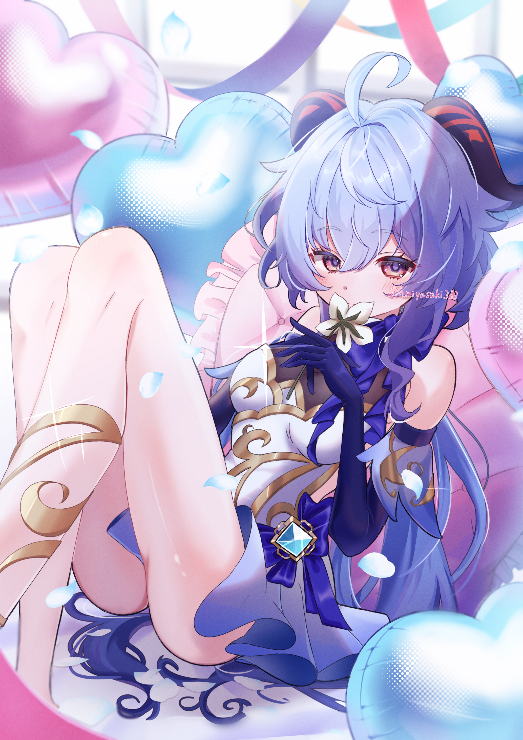 ganyu (genshin impact), genshin impact, absurdres, commentary, commentary request, english commentary, highres, mixed-language commentary, 1girl, ahoge, alternate costume, artist name, balloon, bare shoulders, blue hair, blush, breasts, covering own mouth, detached sleeves, flower, gold trim, heart balloon, hmiyasaki, holding, holding flower, horns, knees up, long hair, looking at viewer, medium breasts, petals, purple eyes, sidelocks, sitting, solo, vision (genshin impact), white flower