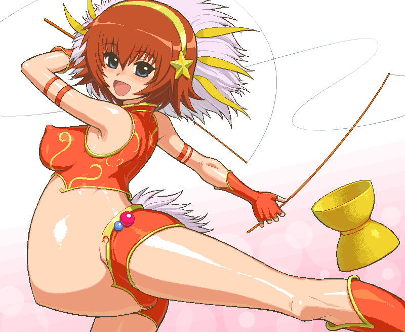 tenseiani, rosetta passel, kaleido star, tagme, 00s, 1girl, bare arms, bare shoulders, blue eyes, breasts, brown hair, covered erect nipples, diabolo, female focus, fingerless gloves, gloves, gradient background, happy, headdress, medium breasts, midriff, oekaki, open mouth, pregnant, shorts, simple background, solo