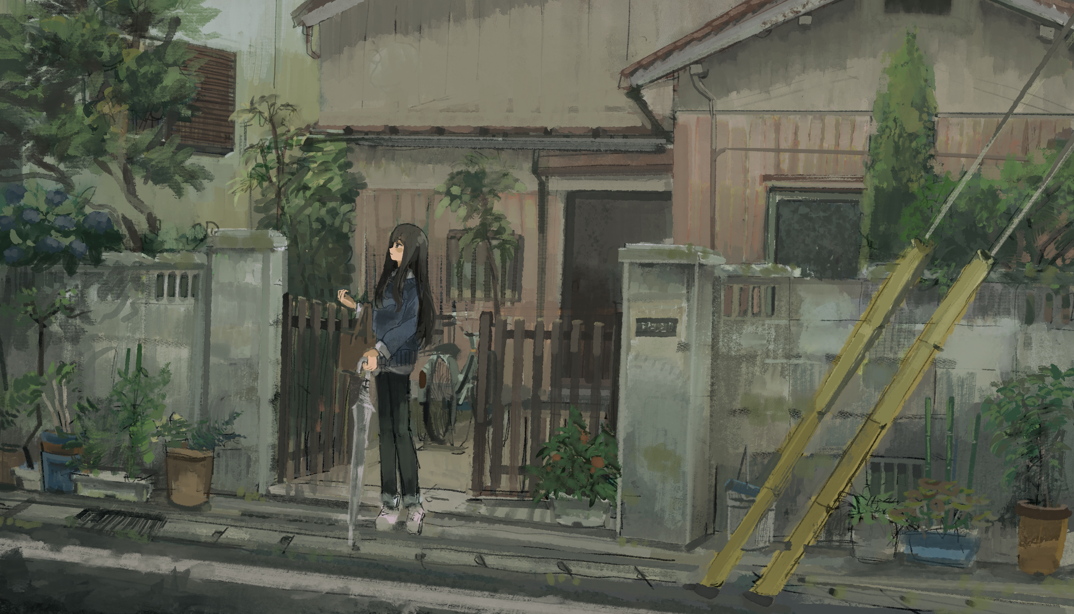 katakai, original, absurdres, commentary request, highres, 1girl, black eyes, black hair, black pants, blue sweater, blush stickers, closed mouth, closed umbrella, day, door, drain (object), fence, hand up, holding, holding umbrella, house, long hair, long sleeves, outdoors, pants, pink shoes, plant, potted plant, power lines, profile, shoes, sky, sneakers, solo, standing, stone wall, sweater, transparent, transparent umbrella, tree, umbrella, window, wooden fence