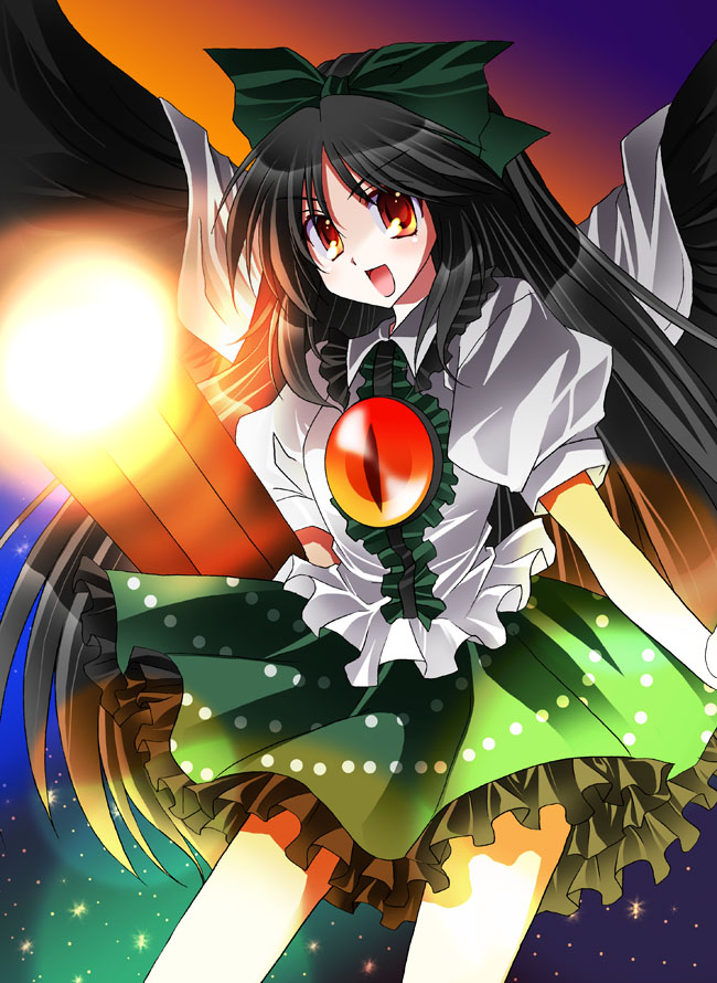 bikuto ryuu, reiuji utsuho, touhou, 1girl, black hair, bow, female focus, gradient background, long hair, red eyes, skirt, solo, wings