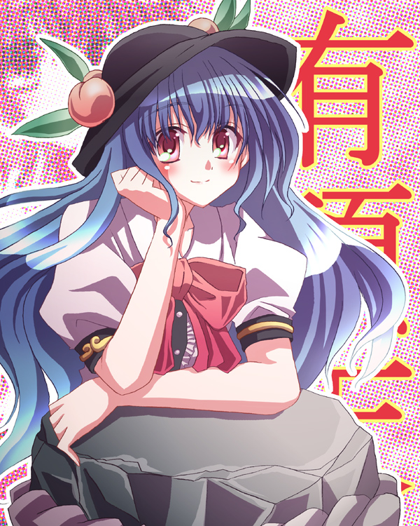 bikuto ryuu, hinanawi tenshi, touhou, 1girl, blue hair, female focus, food, fruit, hat, kaname-ishi, long hair, peach, red eyes, rock, rope, shimenawa, solo, upper body