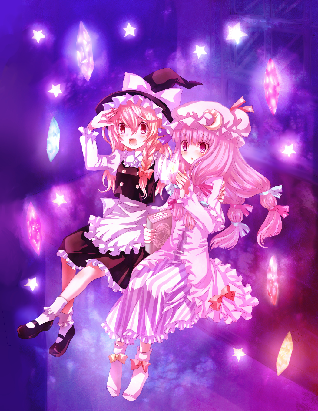 neme, kirisame marisa, patchouli knowledge, touhou, bad id, bad pixiv id, highres, 2girls, blonde hair, book, braid, crystal, female focus, hat, long hair, multiple girls, purple eyes, purple hair, witch, witch hat, yellow eyes
