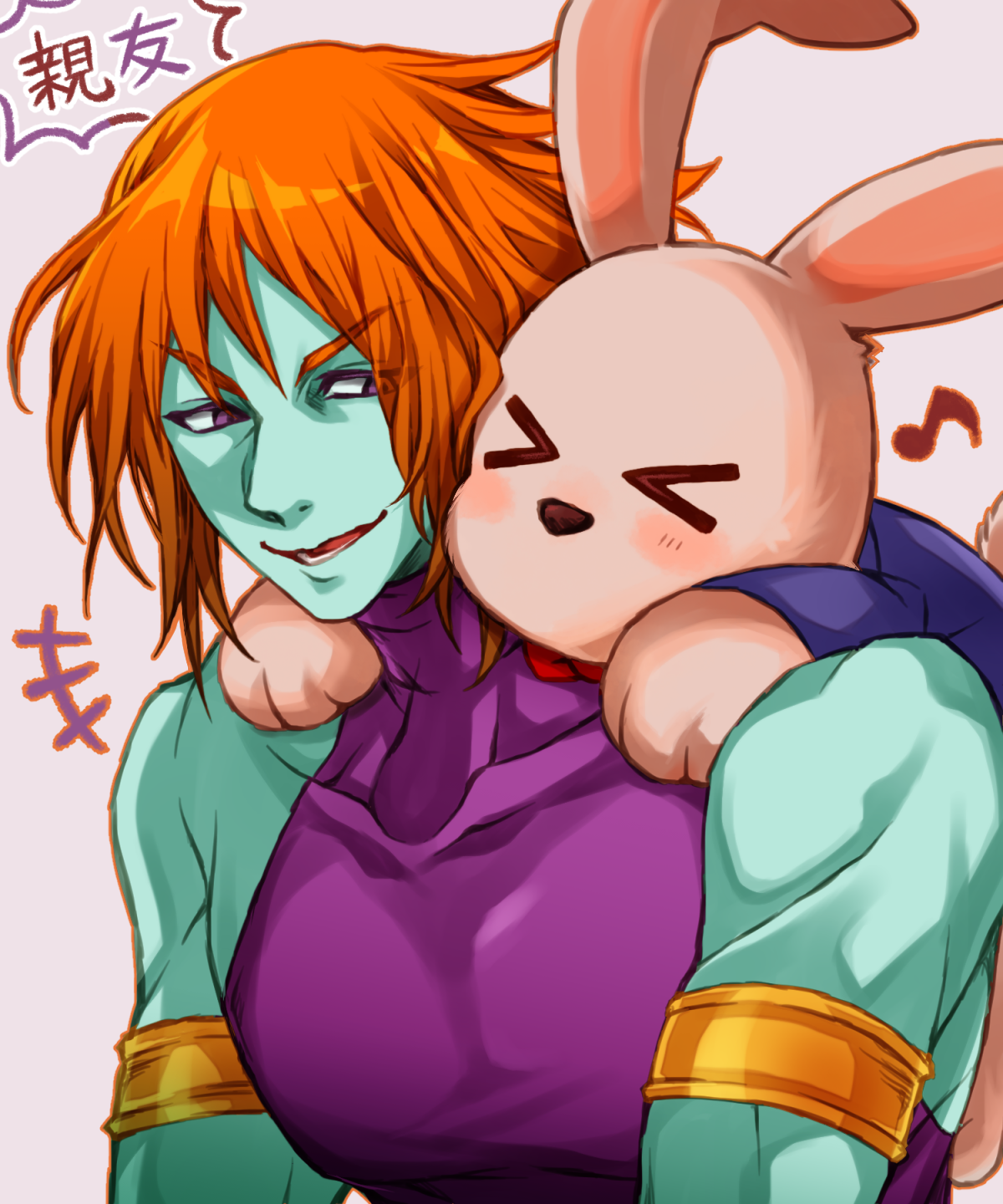 user pjdc3332, zephyr (castlevania), castlevania: aria of sorrow, castlevania: dawn of sorrow, castlevania (series), highres, translated, > <, 2boys, abs, armor, blush, carrying, chronomage, colored eyebrows, colored skin, green skin, grey background, looking at another, multiple boys, muscular, muscular male, musical note, orange hair, piggyback, pink fur, purple armor, purple eyes, rabbit, rabbit tail, simple background, tail, vest, waistcoat