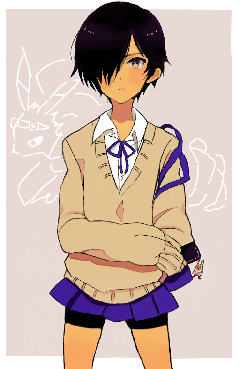 bakkanda, ikezawa kazuma, king kazma, summer wars, bad id, bad pixiv id, 00s, 1boy, bike shorts, charm (object), crossdressing, crossdressing (mtf), hair over one eye, male focus, miniskirt, school uniform, skirt, solo, trap