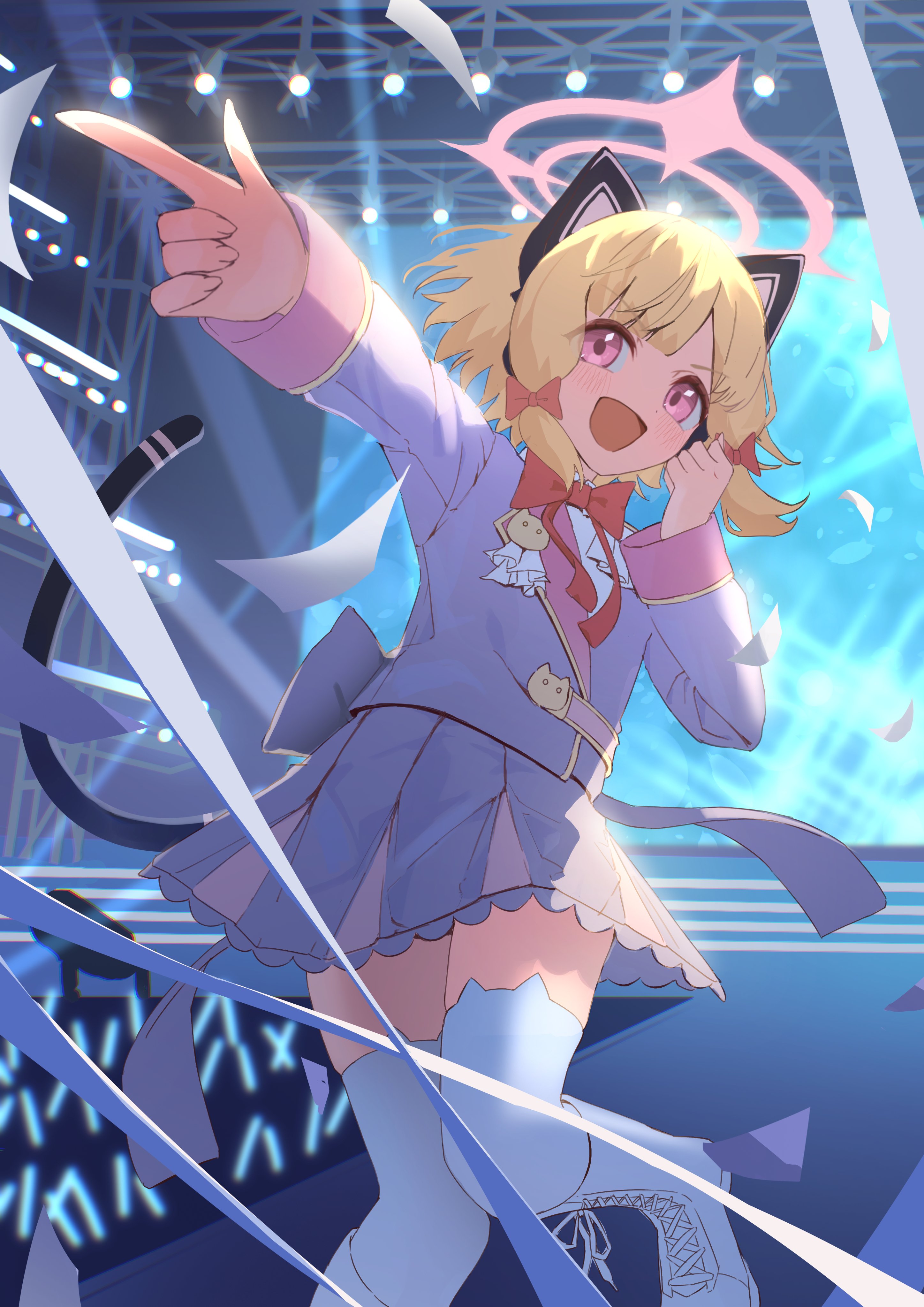 hiyayakko (jfky2528), momoi (blue archive), blue archive, absurdres, commentary, highres, 1girl, :d, alternate costume, animal ear headphones, animal ear legwear, animal ears, audience, back bow, black tail, blonde hair, blush, boots, bow, bowtie, cat ear headphones, cat ear legwear, cat ears, cat tail, collared shirt, eyes visible through hair, fake animal ears, fake tail, foot out of frame, frilled skirt, frills, glowstick, grey jacket, grey skirt, hair bow, halo, hand up, happy, headphones, idol, jacket, knee boots, knees together feet apart, lace-up boots, long sleeves, looking at viewer, looking to the side, low-tied sidelocks, open mouth, outstretched arm, parted bangs, pink eyes, pink halo, pink skirt, pleated skirt, pointing, pointing to the side, red bow, red bowtie, shirt, short hair, sidelocks, skirt, smile, solo, stage, stage lights, tail, tail raised, thighhighs, thighhighs under boots, two-tone skirt, v-shaped eyebrows, white boots, white shirt, white thighhighs, zettai ryouiki