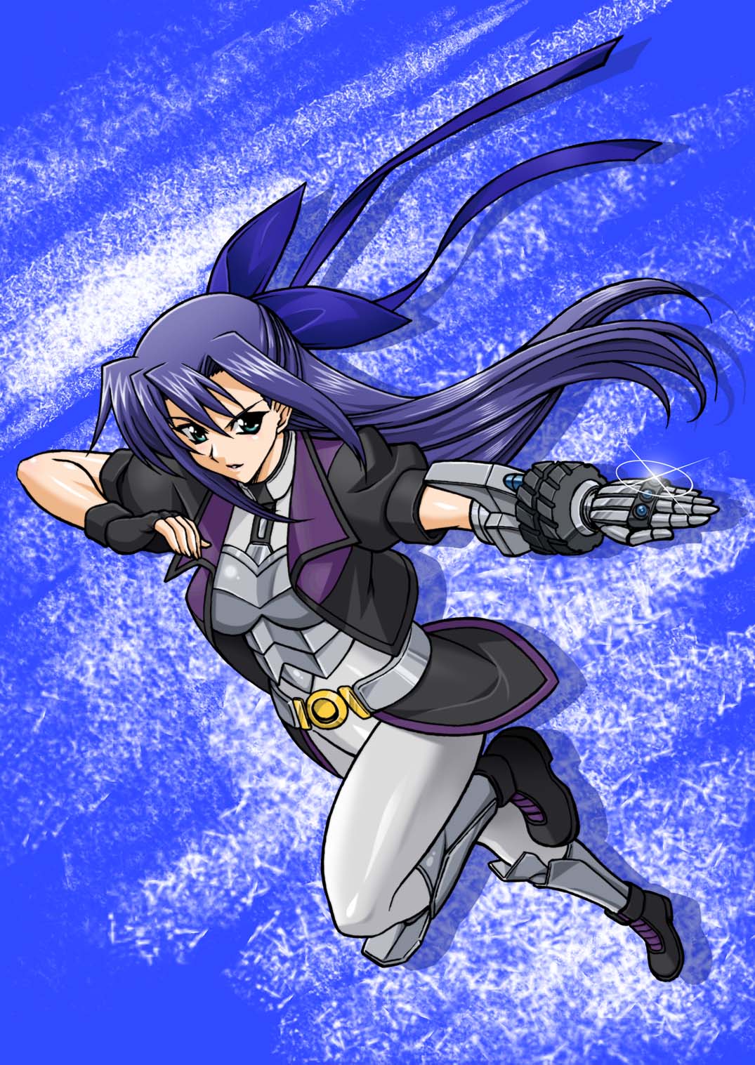 tsukamoto takashi, ginga nakajima, revolver knuckle, lyrical nanoha, mahou shoujo lyrical nanoha, mahou shoujo lyrical nanoha strikers, highres, 00s, bodysuit, fingerless gloves, gauntlets, gloves, green eyes, hair ribbon, jacket, long hair, purple hair, ribbon, solo