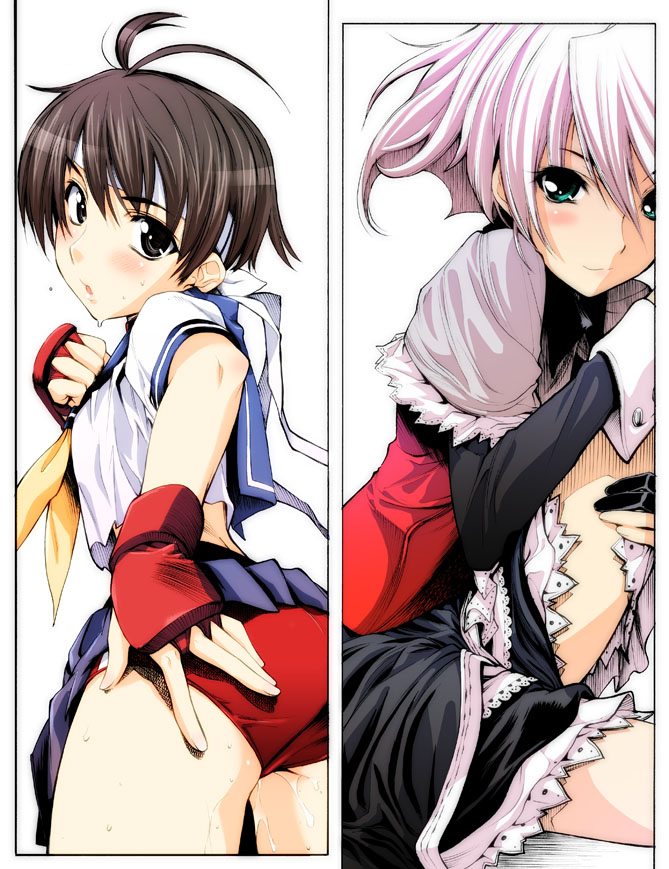 shinonome taro, kasugano sakura, midi rose, capcom, cave (developer), ibara, street fighter, ass grab, 2girls, ahoge, antenna hair, aqua eyes, ass, black eyes, black hair, blue sailor collar, buruma, fingerless gloves, gloves, looking back, multiple girls, pink hair, pussy juice, sailor collar, school uniform, short hair, sitting, smile, white hair