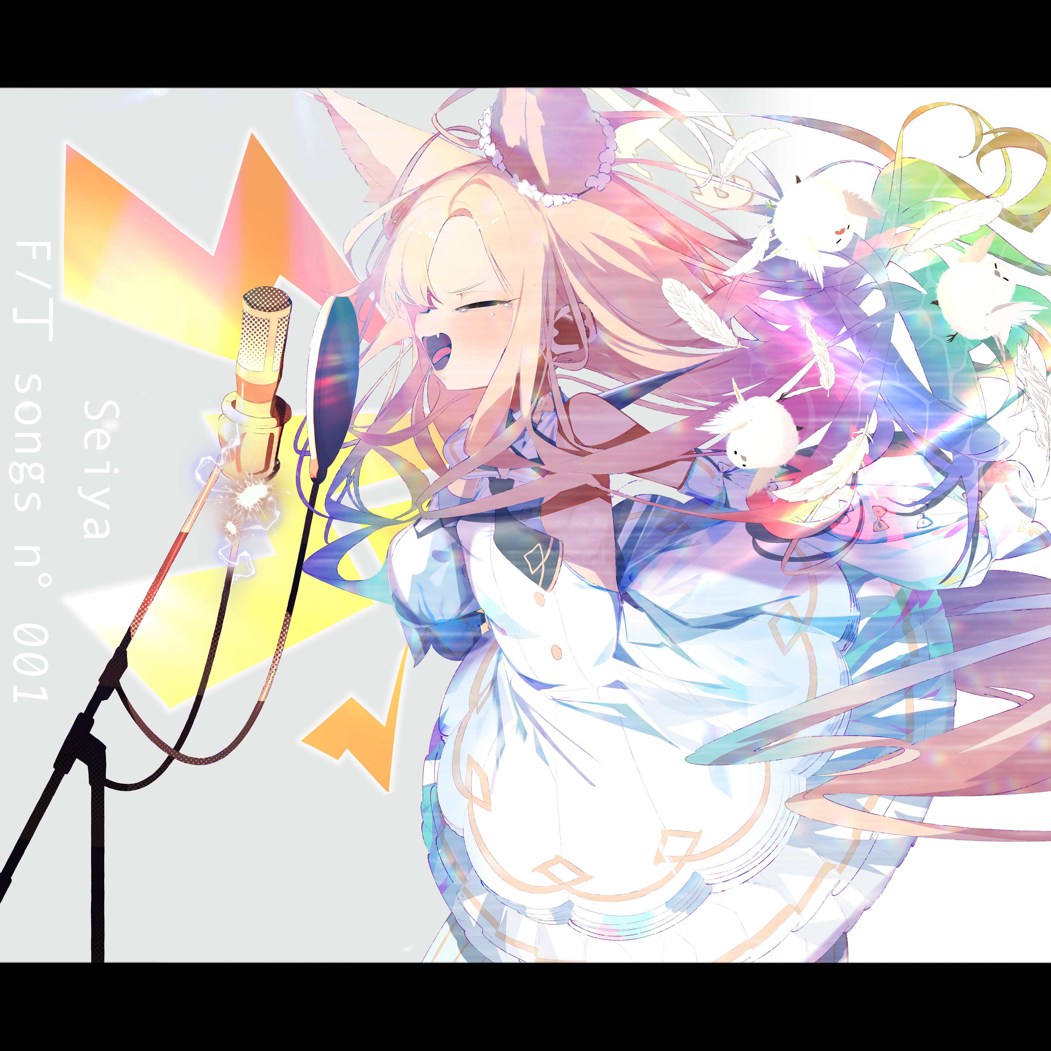 memo2tuika, seia (blue archive), blue archive, absurdres, highres, 1girl, animal ear fluff, animal ears, armpit cutout, bird, blonde hair, blue dress, blush, closed eyes, clothing cutout, dress, fang, floating hair, grey background, long hair, microphone, open mouth, sparks, tears, white bird