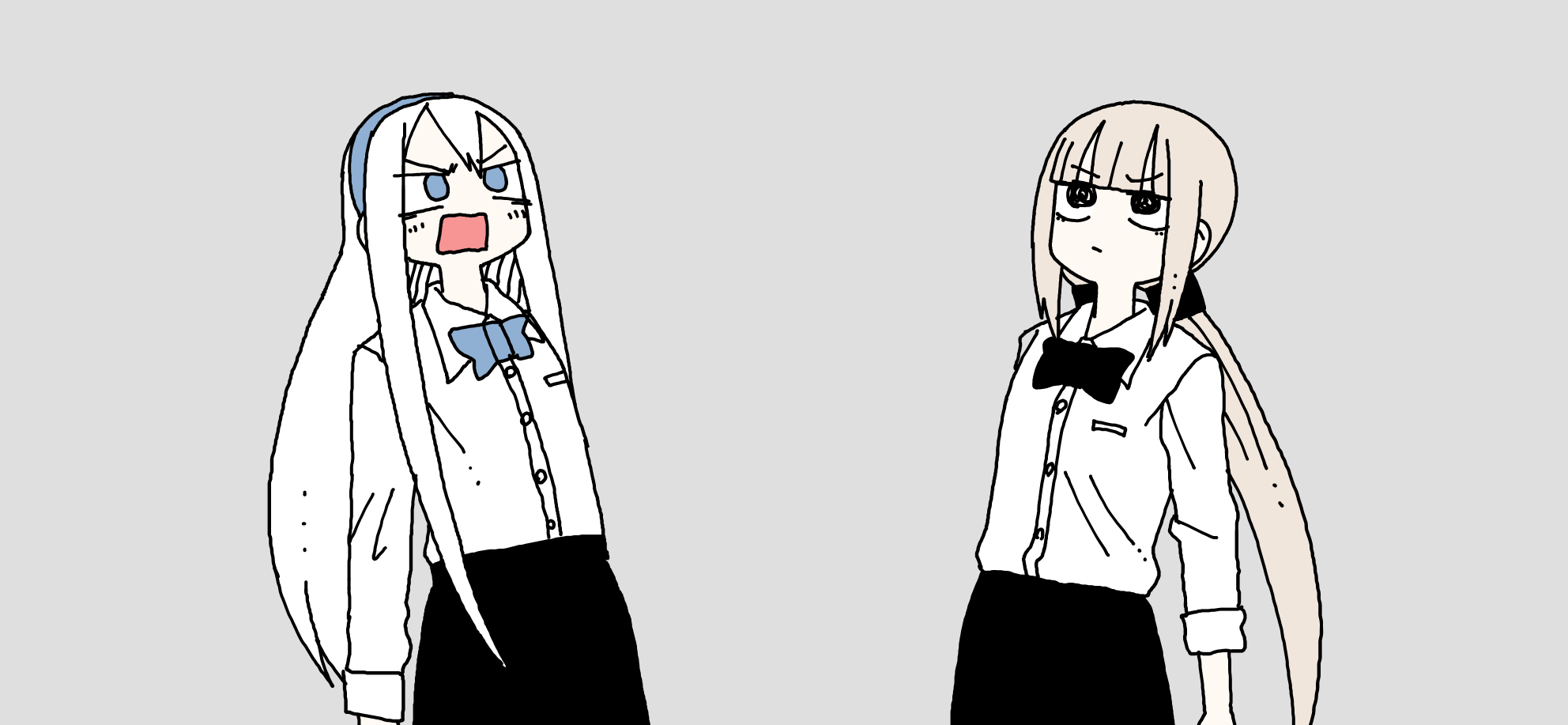 abe tomomi, original, highres, 2girls, black eyes, black ribbon, black skirt, blue eyes, blue ribbon, grey background, grey hair, hair between eyes, long hair, multiple girls, neck ribbon, ponytail, ribbon, school uniform, shirt, skirt, white hair, white shirt