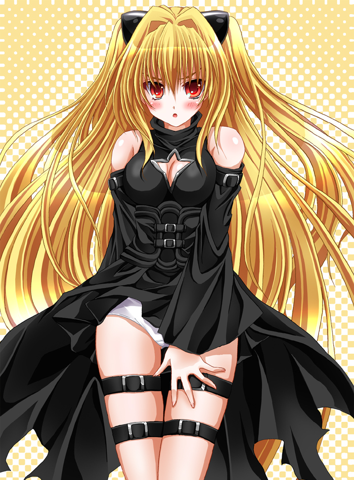 bikuto ryuu, konjiki no yami, to love-ru, 00s, 1girl, blonde hair, blush, breasts, cleavage, cleavage cutout, clothing cutout, female focus, long hair, panties, red eyes, solo, thigh strap, underwear, white panties