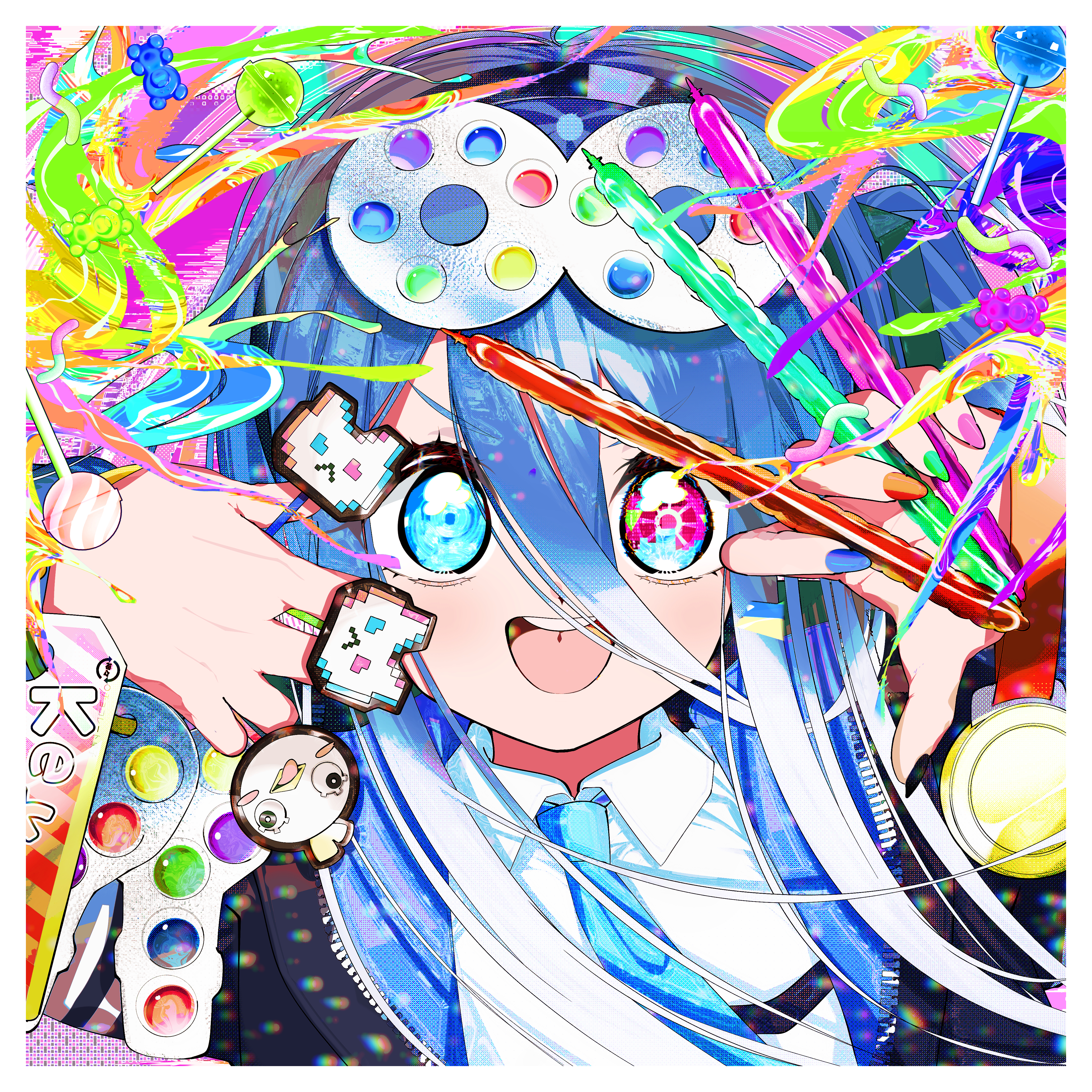 memo2tuika, aris (blue archive), blue archive, absurdres, highres, 1girl, blue bow, blue bowtie, blue hair, bow, bowtie, collar, floating hair, hair between eyes, heterochromia, looking at viewer, multicolored nails, open mouth, portrait, v-shaped eyebrows
