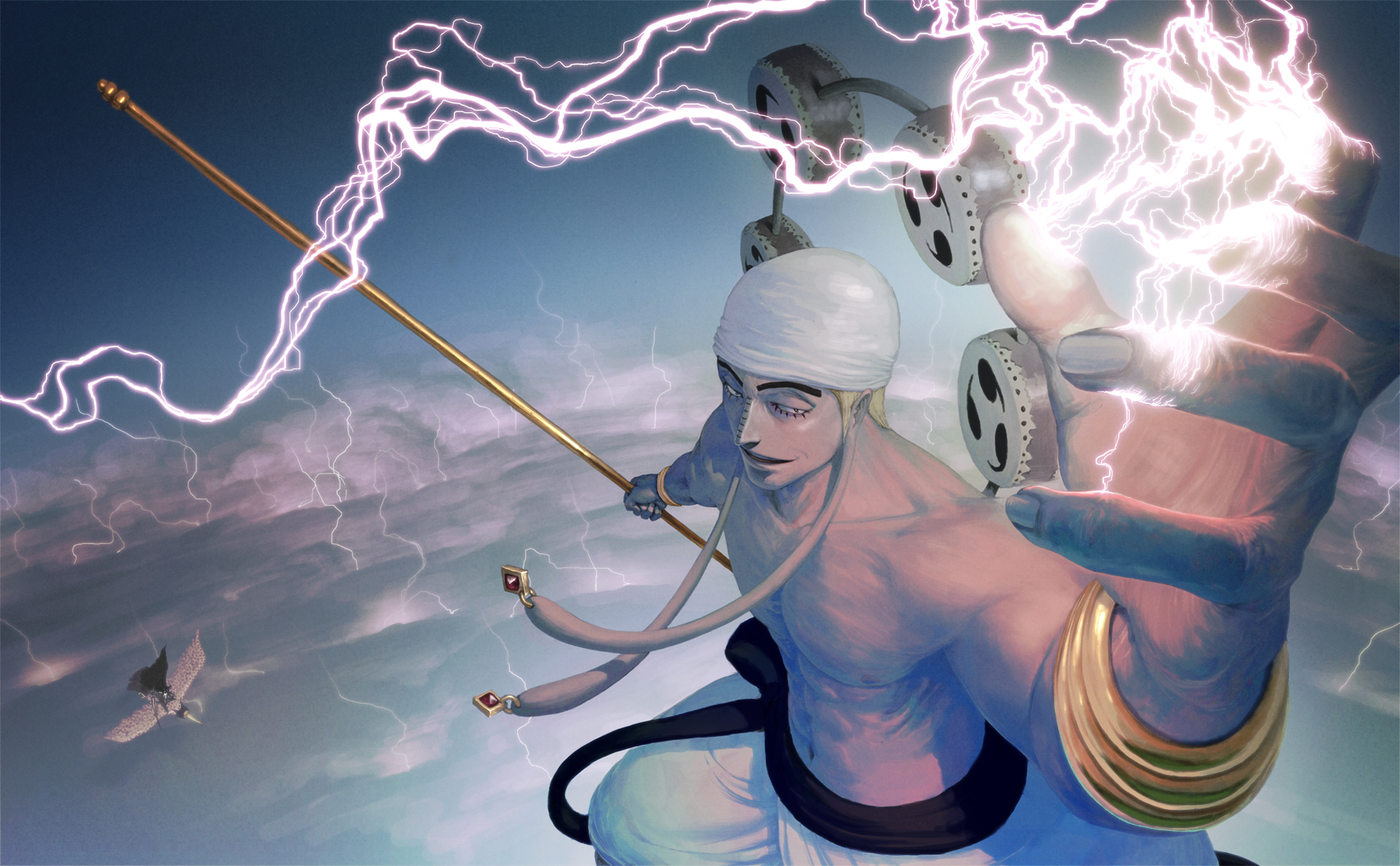 marutora (eikichi), enel, gan fall, pierre (one piece), one piece, highres, 2boys, abs, bandana, bird, blonde hair, bracelet, cloud, devil fruit, earrings, electricity, fighting, fighting stance, flying, jewelry, knight, lightning, long earlobes, looking at viewer, male focus, mitsudomoe (shape), multiple boys, muscular, pole, sash, sky, skypiea, standing, tomoe (symbol), topless male, weapon