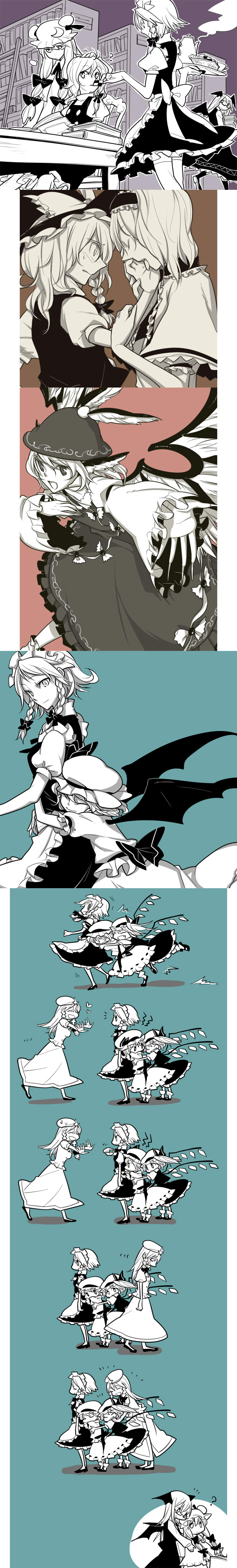 nakatani, alice margatroid, flandre scarlet, hong meiling, izayoi sakuya, kirisame marisa, koakuma, mystia lorelei, patchouli knowledge, remilia scarlet, touhou, absurdres, highres, long image, tall image, 0 0, 6+girls, :d, ?, ^^^, animal ears, bat wings, bespectacled, book, braid, checkerboard cookie, chibi, china dress, chinese clothes, cookie, dress, female focus, fingernails, food, glasses, glomp, hairband, hat, head wings, headpat, heart, hug, hug from behind, library, licking, light smile, long fingernails, long hair, maid, monochrome, multiple girls, multiple monochrome, music, nail (hardware), open mouth, ponytail, short hair, side ponytail, singing, smile, tears, thighhighs, twin braids, voile, wings, zettai ryouiki