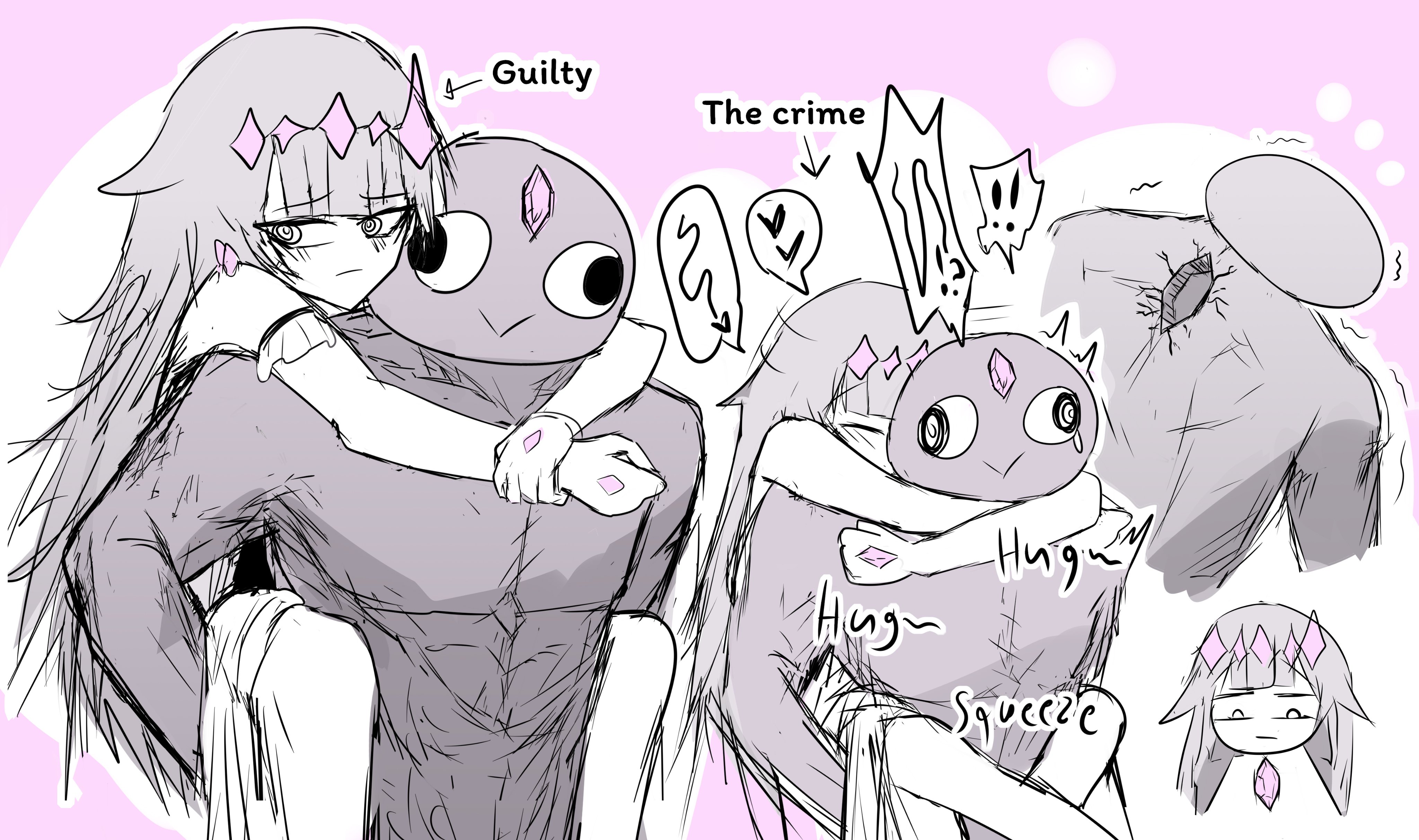 koseki bijou, koseki bijou (1st costume), pebble (koseki bijou), hololive, hololive english, absurdres, highres, !, 1boy, 1girl, akukan, blush, carrying, carrying person, chest jewel, crack, crown, hair flaps, heart, hug, long hair, muscular, muscular male, piggyback, sequential, sketch, tears, very long hair, virtual youtuber