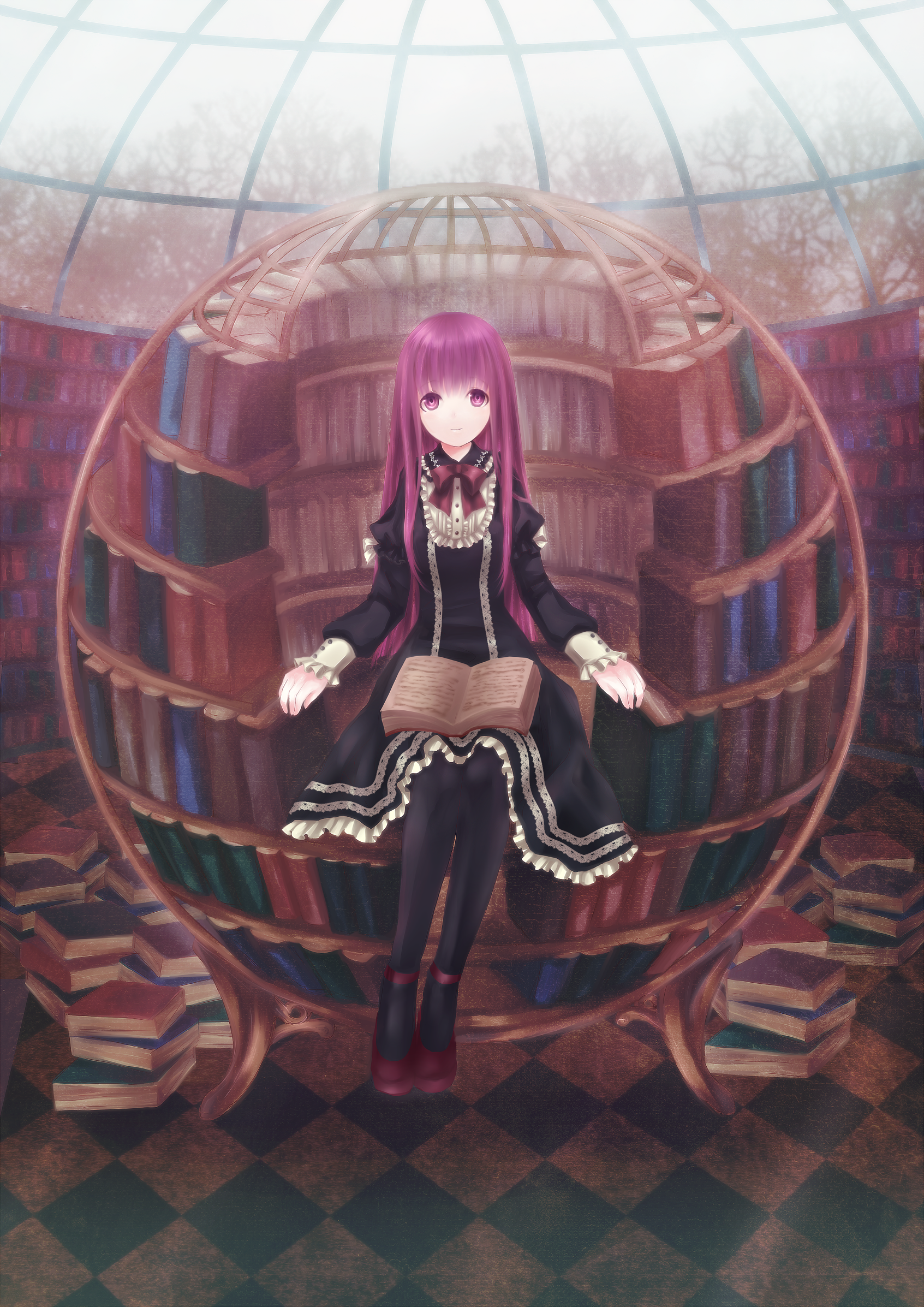 neme, original, bad id, bad pixiv id, highres, book, gothic lolita, library, lolita fashion, long hair, purple hair, solo