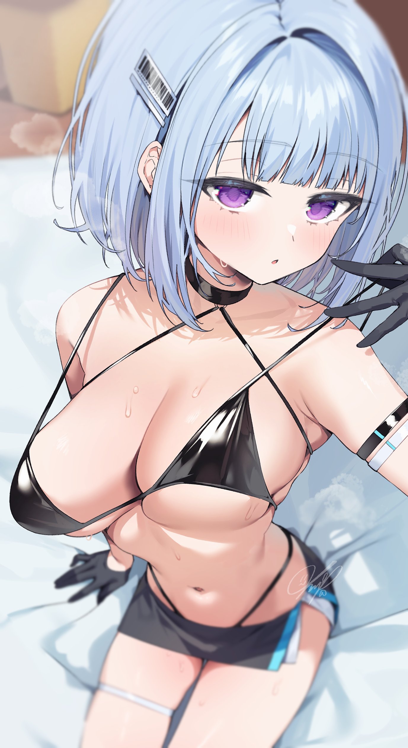 itohana, original, absurdres, highres, 1girl, bed sheet, bikini, black bikini, black choker, black gloves, blue hair, blush, breasts, choker, gloves, large breasts, miniskirt, navel, on bed, purple eyes, skirt, solo, sweat, sweatdrop, swimsuit