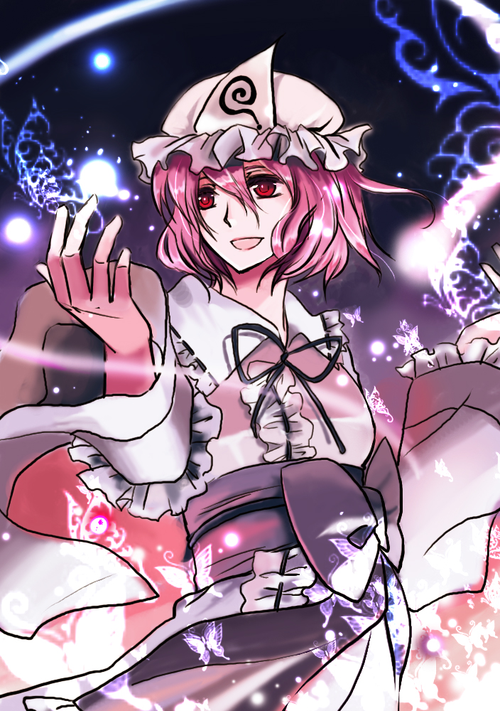 yantou, yantou828, saigyouji yuyuko, touhou, bad id, bad pixiv id, 1girl, bug, butterfly, female focus, hairband, hat, japanese clothes, kimono, pink hair, red eyes, short hair, solo