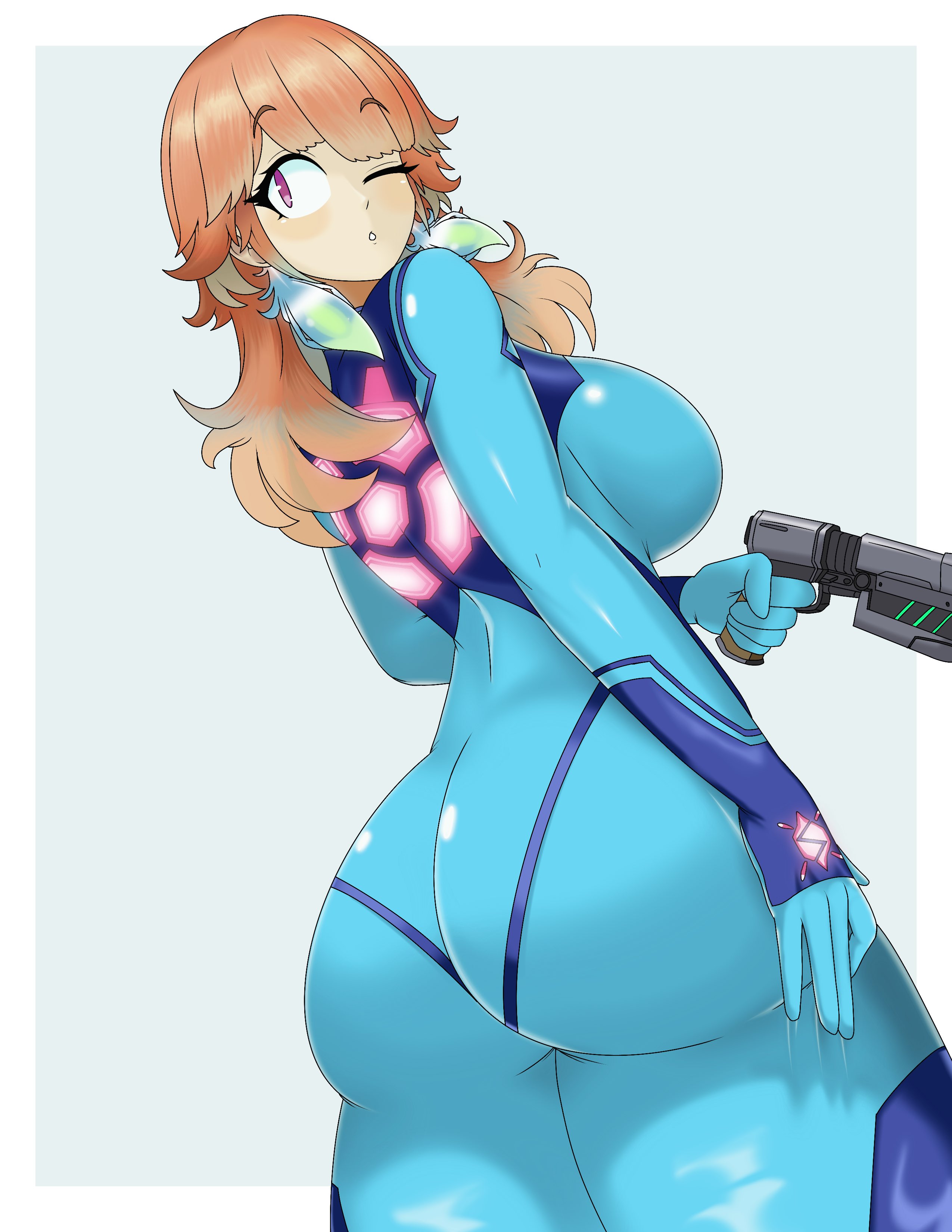 themastersos, samus aran, takanashi kiara, hololive, hololive english, absurdres, highres, 1girl, ass, blue bodysuit, blush, bodysuit, breasts, cosplay, cowboy shot, earrings, feather earrings, feathers, gradient hair, green hair, gun, handgun, holding, holding gun, holding weapon, impossible bodysuit, impossible clothes, jewelry, large breasts, long hair, looking at viewer, multicolored hair, one eye closed, open mouth, orange hair, paralyzer, pink hair, purple eyes, samus aran (cosplay), shiny clothes, simple background, skin tight, solo, virtual youtuber, weapon, zero suit