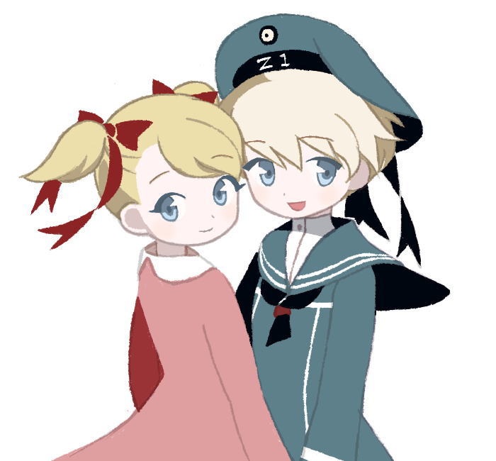 tanba (tanba-art), ana (mother), z1 leberecht maass (kancolle), kantai collection, mother (series), mother 1, nintendo, commentary request, 2girls, black neckerchief, blonde hair, blue eyes, crossover, dress, hat, holding hands, long sleeves, multiple girls, neckerchief, open mouth, pink dress, red ribbon, ribbon, sailor collar, sailor hat, short hair, simple background, white background