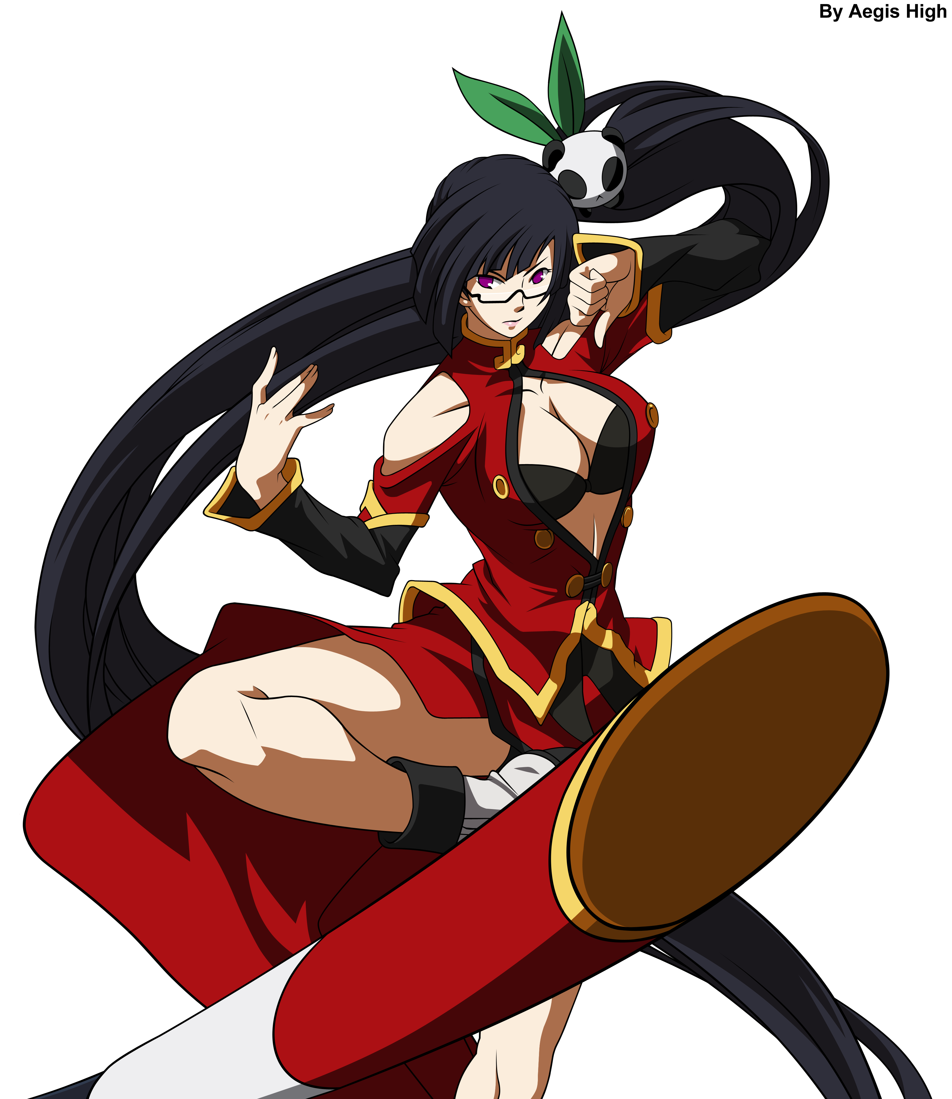 litchi faye ling, arc system works, blazblue, blazblue: calamity trigger, absurdres, derivative work, highres, vector trace, black hair, breasts, china dress, chinese clothes, cleavage, dress, glasses, hair ornament, large breasts, long hair, panda, ponytail, purple eyes, solo, transparent background, very long hair