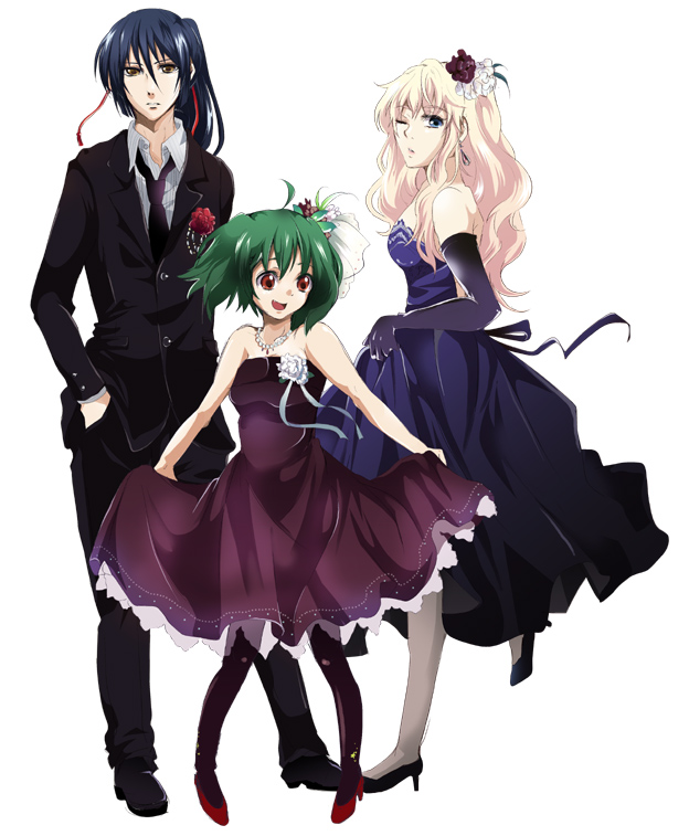 gen (enji), ranka lee, saotome alto, sheryl nome, macross, macross frontier, 00s, 1boy, 2girls, blonde hair, blue eyes, blue hair, dress, elbow gloves, flower, formal clothes, gloves, green hair, hair ornament, high heels, jewelry, multiple girls, necklace, one eye closed, pantyhose, ponytail, red eyes, shoes, wink, yellow eyes