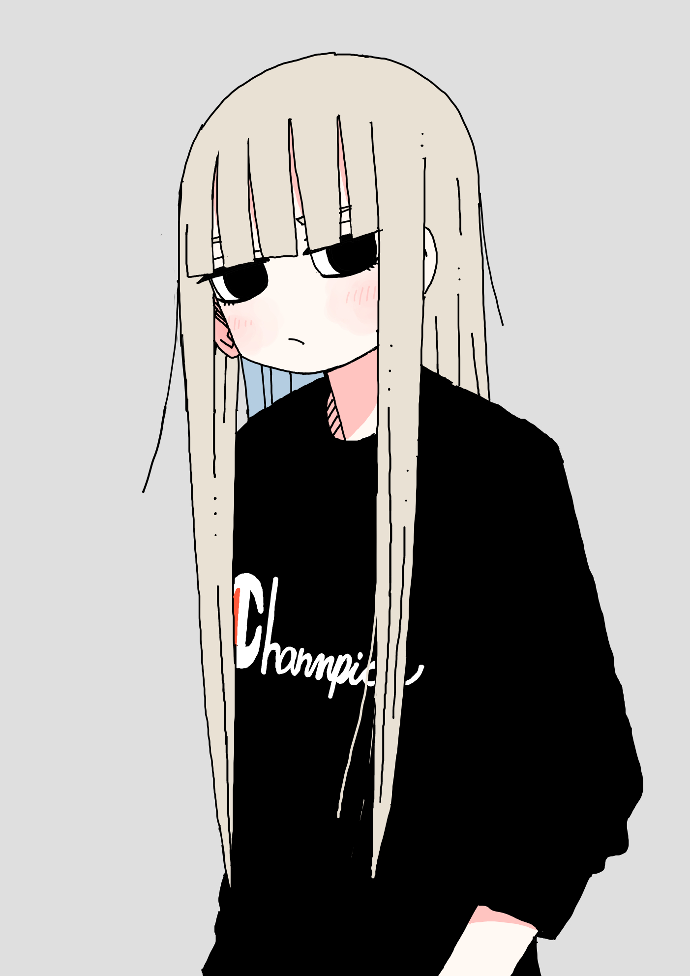 abe tomomi, original, highres, 1girl, black eyes, black shirt, blush, clothes writing, grey background, grey hair, long hair, long sleeves, shirt, simple background, solo