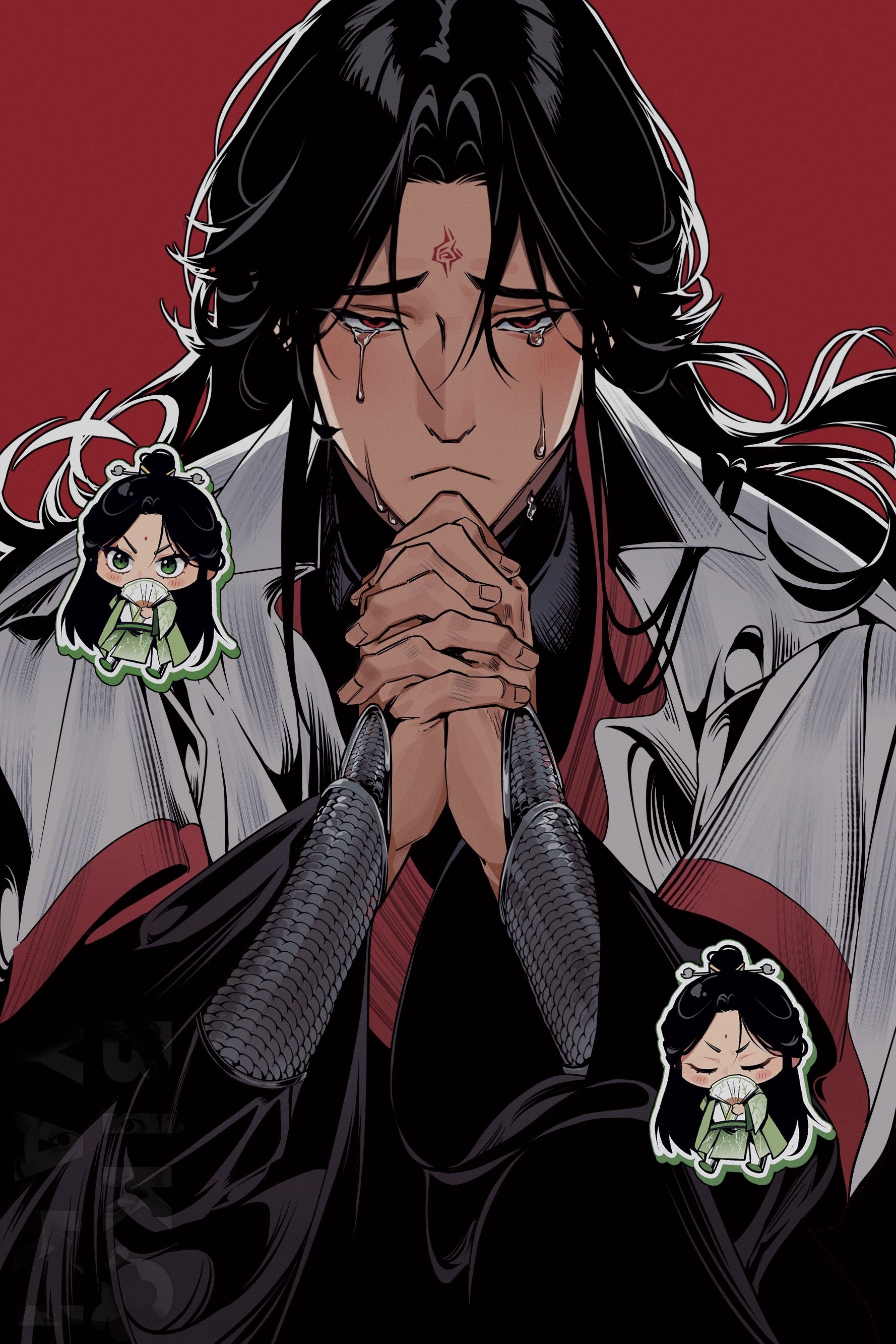 luo binghe, shen qingqiu, zuiyin, renzha fanpai zijiu xitong, absurdres, highres, 2boys, :<, bikoyaki, bindi, black hair, black hanfu, blush, chibi, chibi inset, chinese clothes, closed eyes, closed mouth, collared robe, covering own mouth, crying, crying with eyes open, curly hair, curtained hair, frown, furrowed brow, green eyes, green hanfu, green outline, half-closed eyes, half updo, hand fan, hands on own chin, hanfu, holding, holding fan, hunched over, interlocked fingers, long hair, long sleeves, looking at viewer, male focus, multiple boys, multiple expressions, multiple views, outline, own hands together, pants, parted bangs, raised eyebrows, red background, red eyes, robe, sidelocks, simple background, straight-on, tears, upper body, v-shaped eyebrows, vambraces, very long hair, white outline, white pants, white robe, wide-eyed, wide sleeves, xiao guan (headdress), yaoi