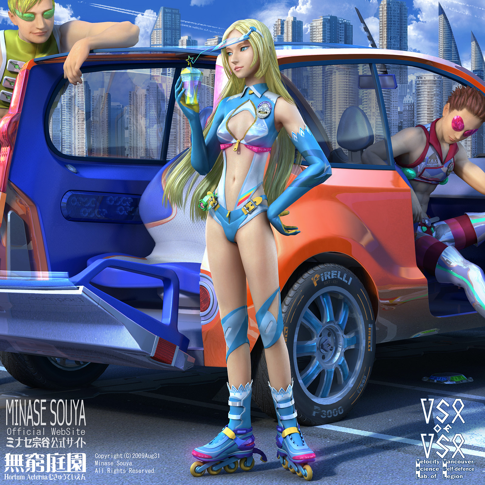minase souya, inevitable world shift, original, highres, 1girl, 2boys, 3d, armpits, bare shoulders, bikini, blonde hair, car, cityscape, cloud, day, drink, elbow gloves, gloves, green eyes, green hair, inline skates, long hair, male focus, motor vehicle, multiple boys, outdoors, red hair, road, roller skates, skates, sky, smile, sunglasses, swimsuit, unzipped