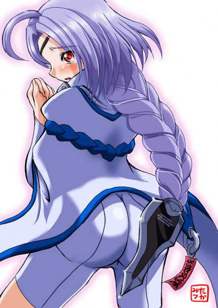 oborogumo takamitsu, nu-13, arc system works, blazblue, 1girl, ahoge, ass, blush, braid, eyepatch, female focus, red eyes, signature, solo, white hair