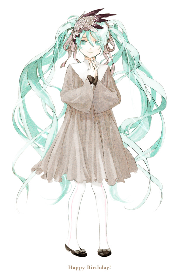 shirahama kamome, hatsune miku, vocaloid, bad id, bad pixiv id, 1girl, aqua eyes, aqua hair, dress, female focus, full body, hair ribbon, long hair, ribbon, shoes, simple background, smile, solo, standing, twintails, very long hair, white background