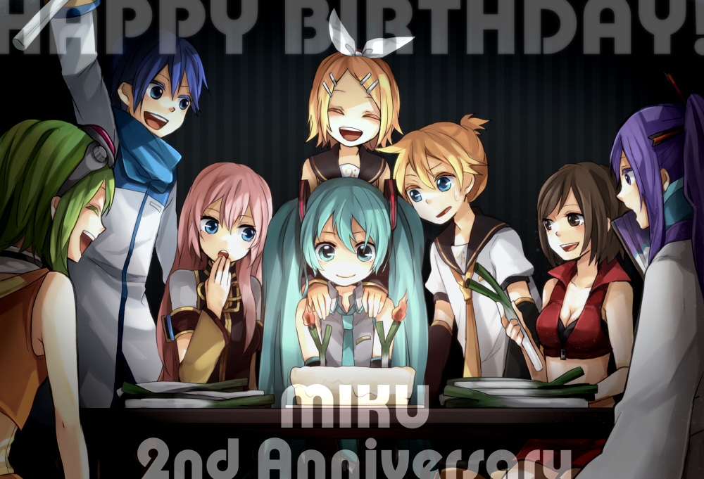 tama (songe), gumi, hatsune miku, kagamine len, kagamine rin, kaito (vocaloid), kamui gakupo, megurine luka, meiko (vocaloid), vocaloid, 3boys, 5girls, aqua eyes, aqua hair, birthday, blonde hair, blue eyes, blue hair, blue scarf, blush, breasts, brown eyes, brown hair, cake, cleavage, detached sleeves, everyone, food, green hair, hair ornament, hair ribbon, hairclip, happy birthday, long hair, medium breasts, midriff, multiple boys, multiple girls, necktie, pastry, pink hair, ponytail, purple hair, ribbon, scarf, short hair, smile, spring onion, twintails