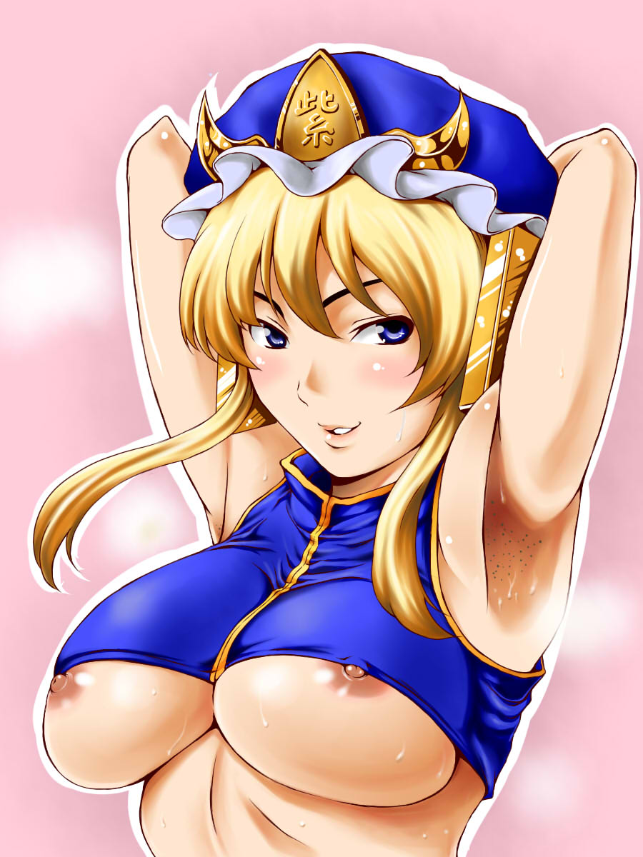 hotpants (i'm hot yet!), shiki eiki, yakumo yukari, touhou, highres, 1girl, armpits, arms up, blonde hair, breasts, cosplay, detached sleeves, female focus, fusion, hat, huge breasts, naughty face, nipple slip, nipples, shiki eiki (cosplay), smell, solo, sweat, underboob, v