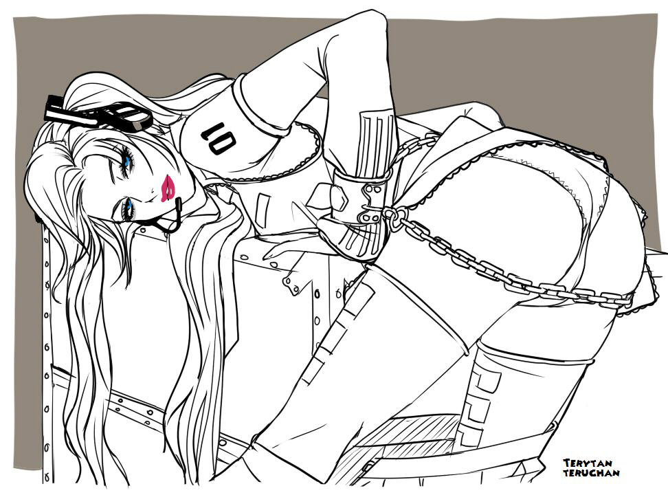 teruchan, hatsune miku, vocaloid, bad id, bad pixiv id, 1girl, ass, bent over, blue eyes, chain, cuffs, detached sleeves, eyeshadow, female focus, handcuffs, headphones, headset, lipstick, long hair, makeup, monochrome, panties, skirt, solo, spot color, thighhighs, twintails, underwear