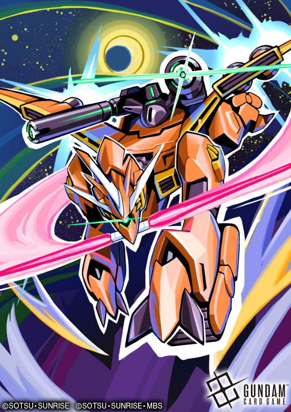 tei-o, lagowe, gundam, gundam card game, gundam seed, commentary request, official art, card (medium), copyright logo, copyright name, copyright notice, double blade, energy cannon, energy sword, glowing, glowing eye, logo, mecha, mecha focus, mobile suit, no humans, one-eyed, robot, shoulder cannon, sword, weapon