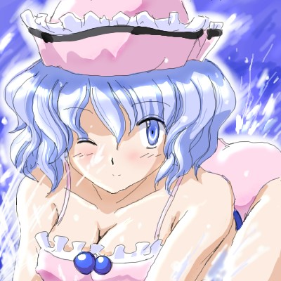 flx, merlin prismriver, touhou, lowres, 1girl, blue eyes, blue hair, blush, breasts, cleavage, covered erect nipples, female focus, hat, matching hair/eyes, one eye closed, short hair, solo, wink