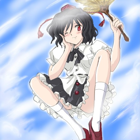 flx, shameimaru aya, touhou, lowres, 1girl, black hair, blush, female focus, hat, looking at viewer, one eye closed, red eyes, short hair, skirt, smile, solo, tokin hat, wink