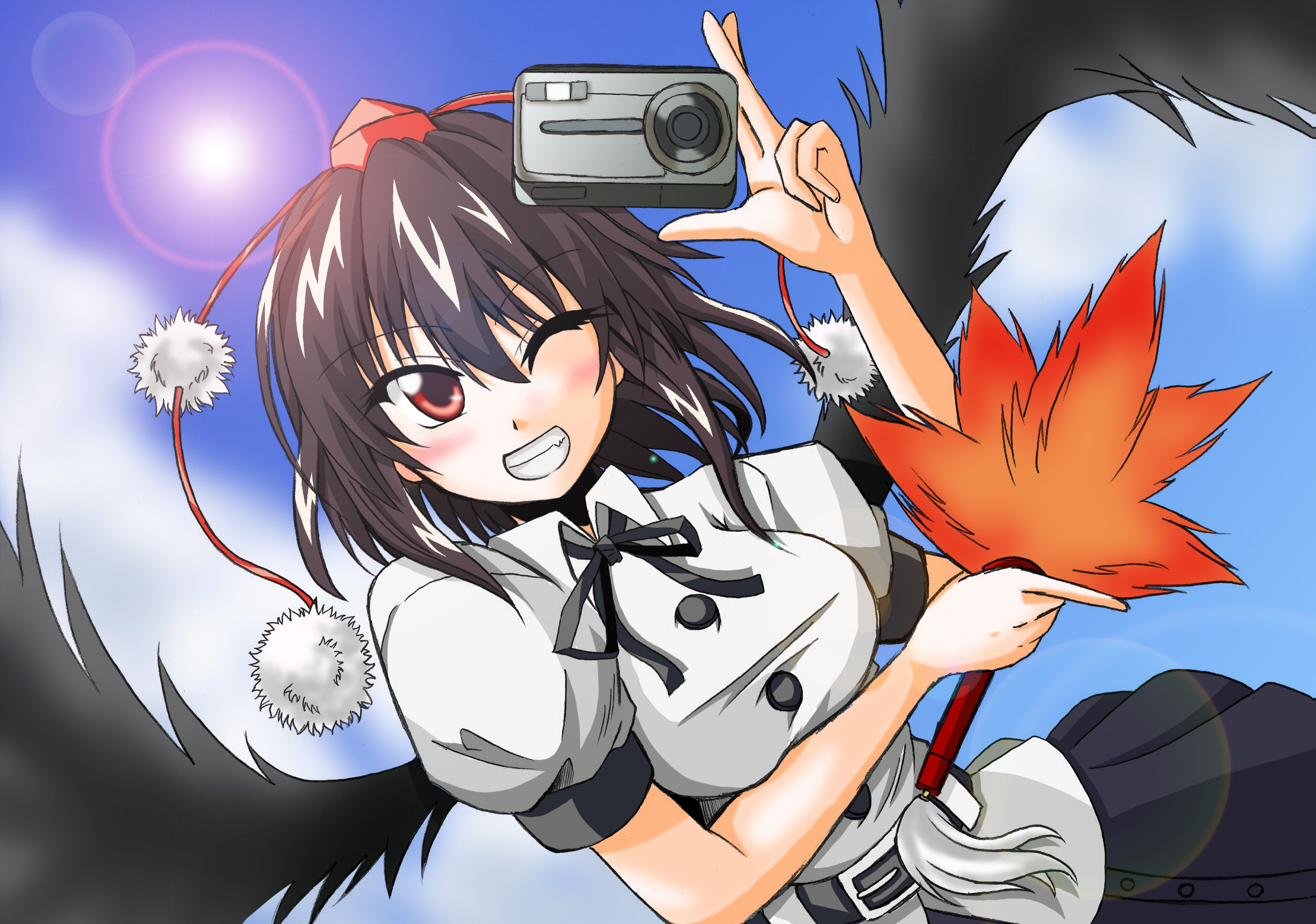 hirayama-h, shameimaru aya, touhou, absurdres, highres, 1girl, black hair, black wings, blush, camera, female focus, hat, looking at viewer, open mouth, red eyes, short hair, smile, solo, tokin hat, wings