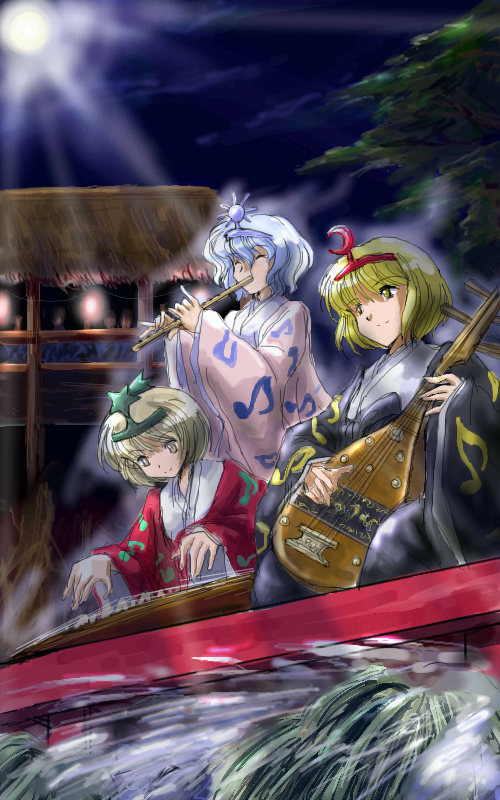 flx, lunasa prismriver, lyrica prismriver, merlin prismriver, touhou, 3girls, blonde hair, female focus, flute, hat, instrument, japanese clothes, multiple girls, shamisen, short hair, siblings, sisters, yellow eyes