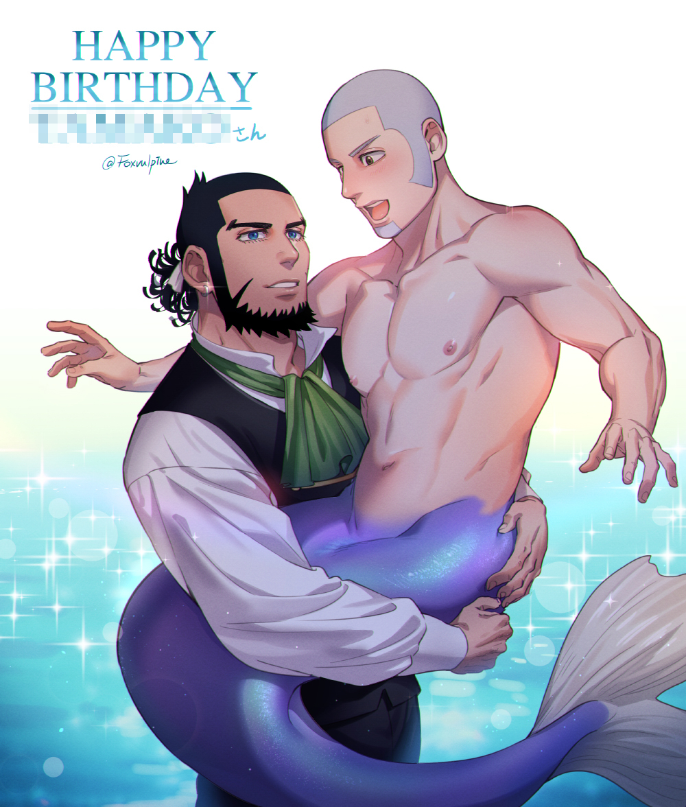 foxvulpine, kiroranke, shiraishi yoshitake, golden kamuy, commentary request, 2boys, alternate species, ascot, beard, black hair, blue eyes, buzz cut, carrying, carrying person, censored, censored text, collarbone, earrings, facial hair, glint, goatee, green ascot, grey hair, happy birthday, jewelry, looking at another, male focus, mature male, merman, monster boy, multiple boys, muscular, muscular male, navel, nipples, open mouth, shirt, short hair, topless male, v-shaped eyebrows, very short hair, white shirt, yaoi