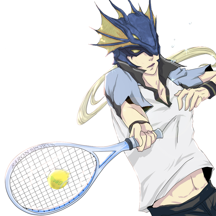 fullco, furuko (fullco), cain highwind, final fantasy, final fantasy iv, md5 mismatch, resolution mismatch, source smaller, 1990s (style), 1boy, ball, blonde hair, helmet, long hair, male focus, product placement, racket, retro artstyle, solo, sportswear, sweat, tennis ball, tennis racket, tennis uniform, wristband