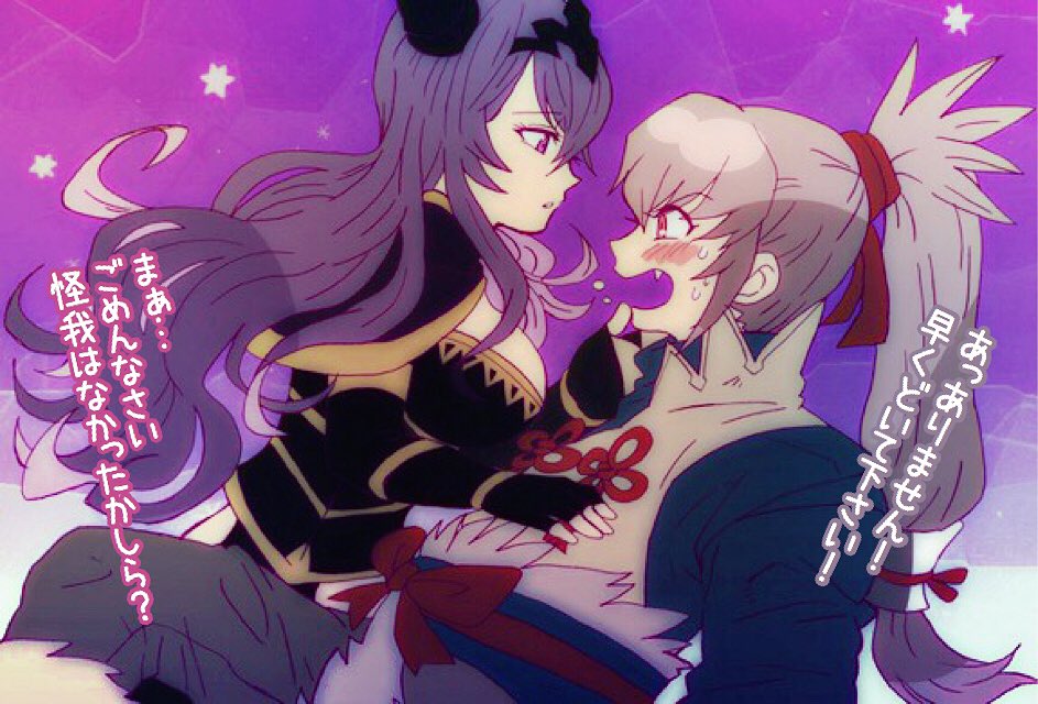 kiriya (552260), camilla (fire emblem), takumi (fire emblem), fire emblem, fire emblem fates, nintendo, 1boy, 1girl, assertive female, blush, breasts, chignon, fang, fingerless gloves, girl on top, gloves, grey hair, hand on another's chin, large breasts, long hair, older female and younger male, orange eyes, purple eyes, purple hair, simple background, sweat, tiara, wavy hair