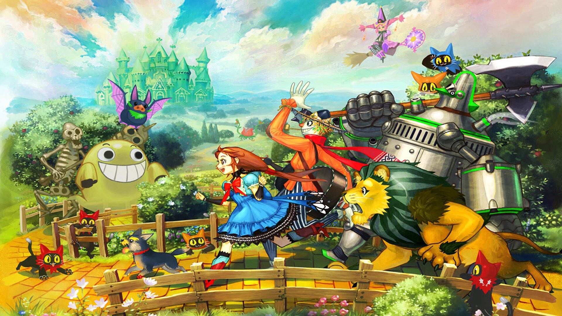 cowardly lion, dorothy gale, dorothy gale (riz-zoawd), flora (riz-zoawd), scarecrow (the wizard of oz), tin man (the wizard of oz), toto (the wizard of oz), media.vision, riz-zoawd, the wizard of oz, official art, animal ears, axe, blue dress, bow, bowtie, brick road, castle, cat, cloud, cloudy sky, dress, hat, lion, lion ears, lion tail, long hair, over shoulder, red eyes, red hair, robot, running, scarecrow, sky, tail, weapon, weapon over shoulder, witch, witch hat, yellow brick road