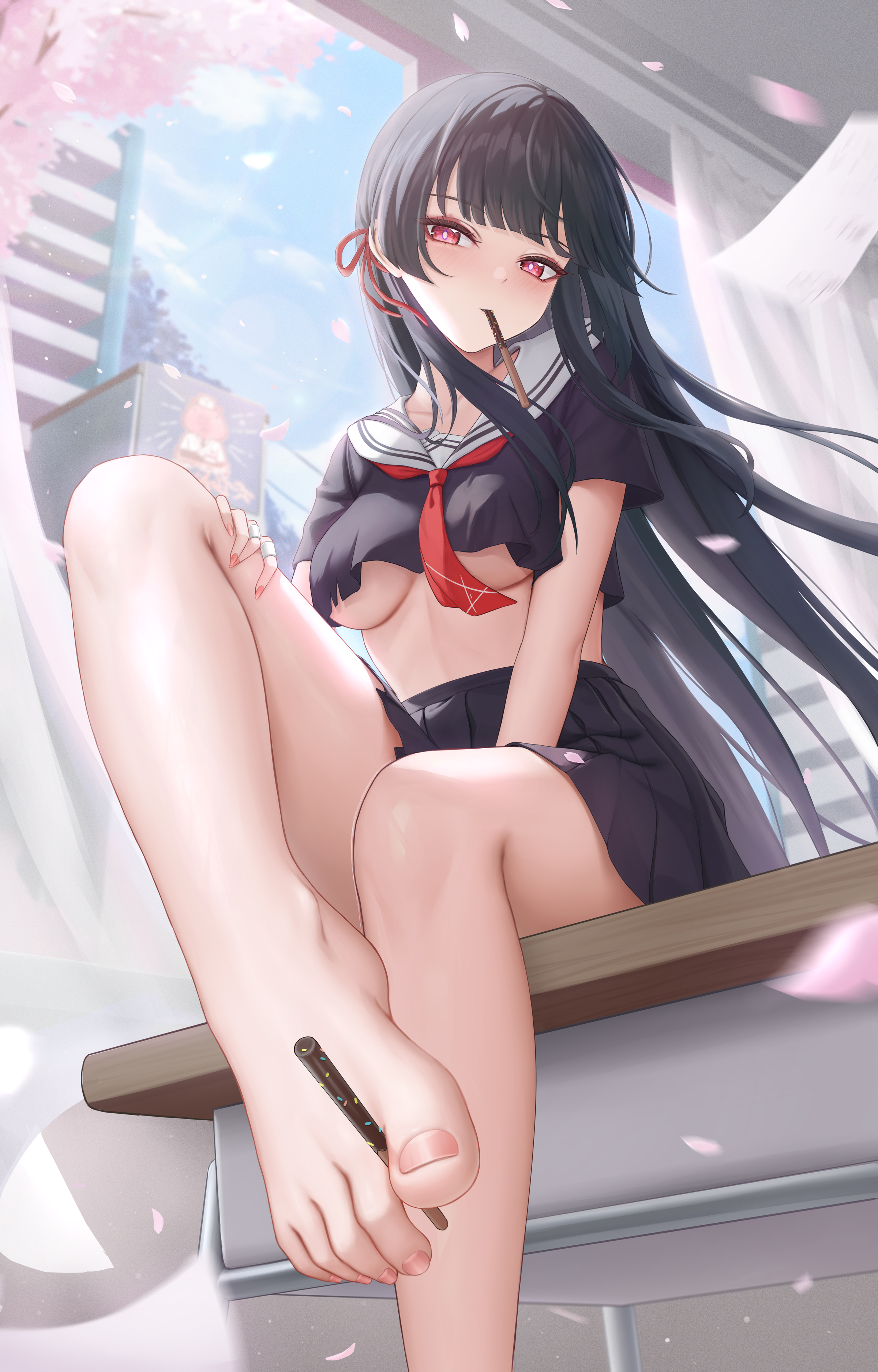 arayuki (sakurafubuki), chisa (wuthering waves), wuthering waves, absurdres, commentary request, highres, paid reward available, 1girl, barefoot, black hair, black shirt, black skirt, blue sky, blush, day, desk, fingernails, food, food in mouth, foot out of frame, hair ribbon, holding with feet, indoors, long hair, looking at viewer, mole, mole under eye, neckerchief, on desk, outdoors, pink petals, pocky, pocky in mouth, red eyes, red neckerchief, red ribbon, ribbon, sailor collar, school desk, shirt, sitting, skirt, sky, thighs, toenails, white sailor collar, wind