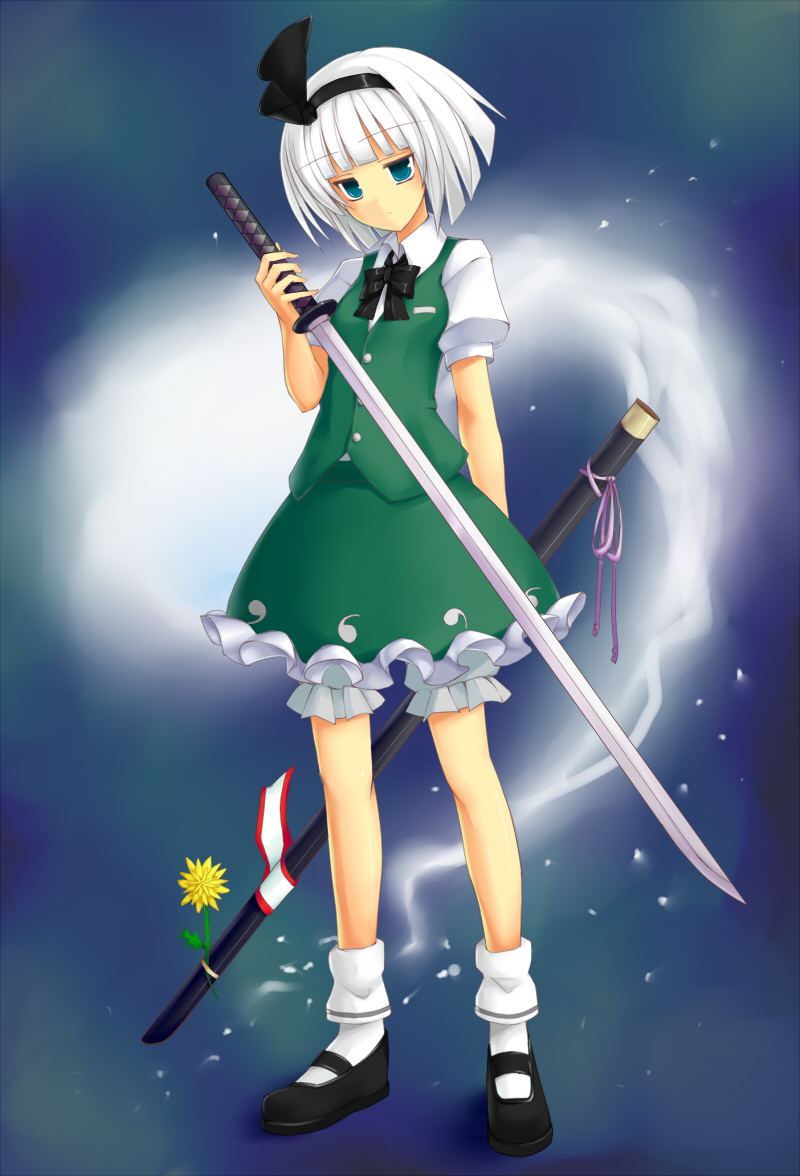 gatsu miya, tsukumiya amane, konpaku youmu, konpaku youmu (ghost), touhou, silver hair, bad id, bad pixiv id, 1girl, bloomers, blue eyes, blunt bangs, bow, bowtie, dandelion, expressionless, female focus, flower, full body, ghost, gradient background, hairband, katana, mary janes, shoes, short hair, socks, solo, standing, sword, underwear, vest, weapon, white socks