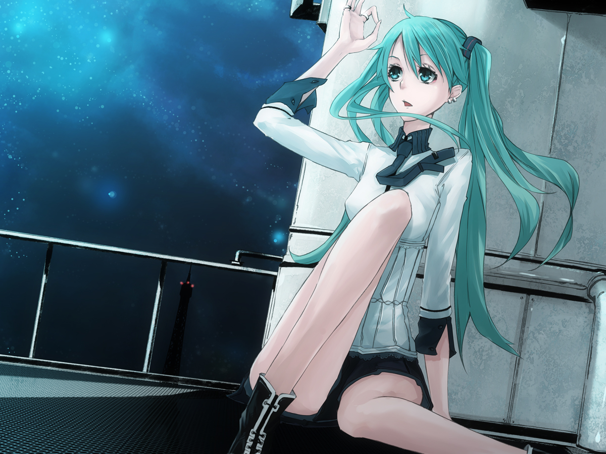 mille (dieci), mirre, hatsune miku, vocaloid, 1girl, aqua eyes, aqua hair, boots, earrings, female focus, jewelry, long hair, night, ring, sitting, skirt, sky, solo, twintails