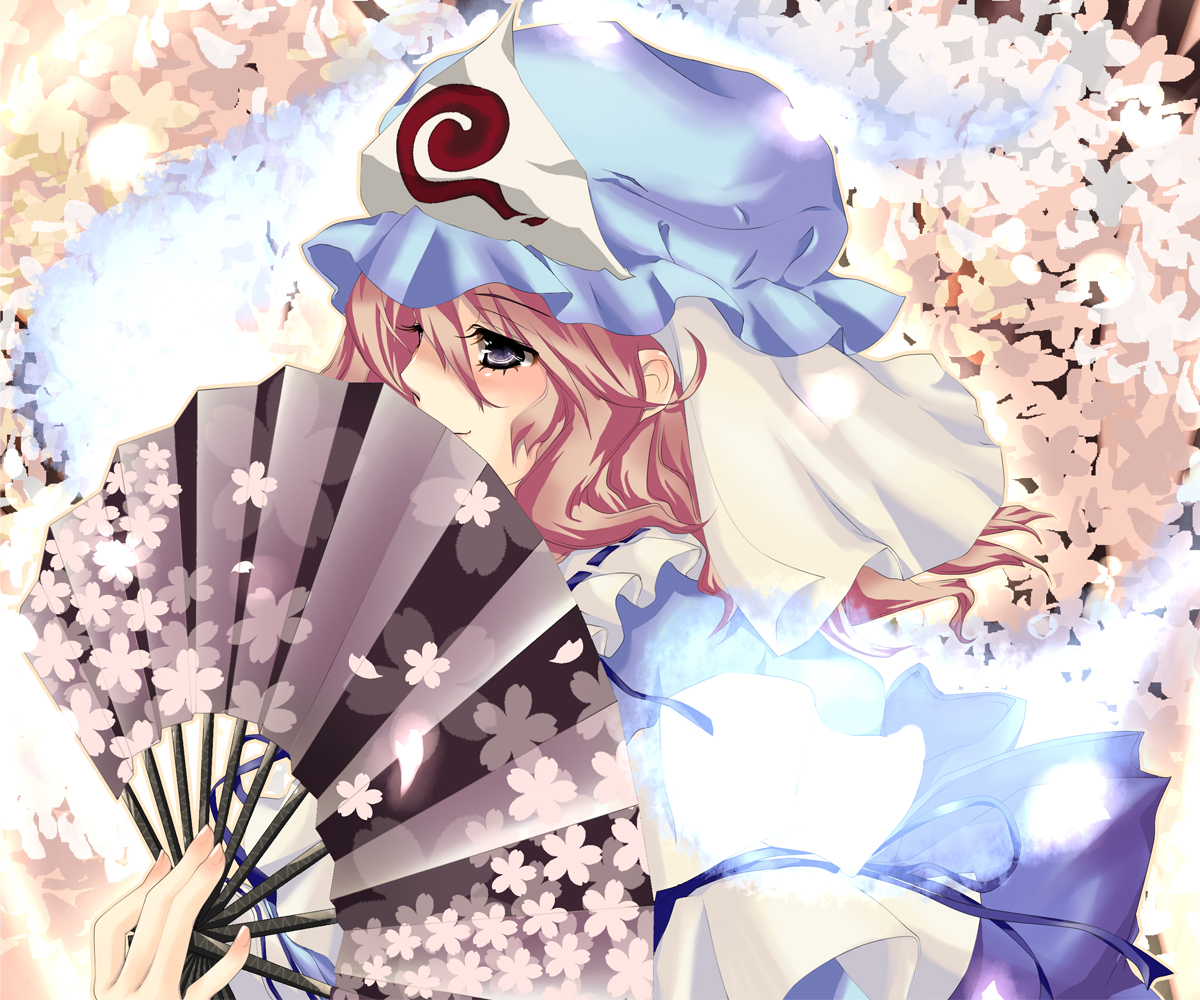 ayase non, saigyouji yuyuko, touhou, 1girl, female focus, folding fan, hand fan, hat, non0w0, pink hair, purple eyes, short hair, solo