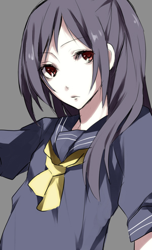 yuzuki karu, lowres, 1girl, black hair, female focus, indoors, long hair, red eyes, school uniform, serafuku, solo